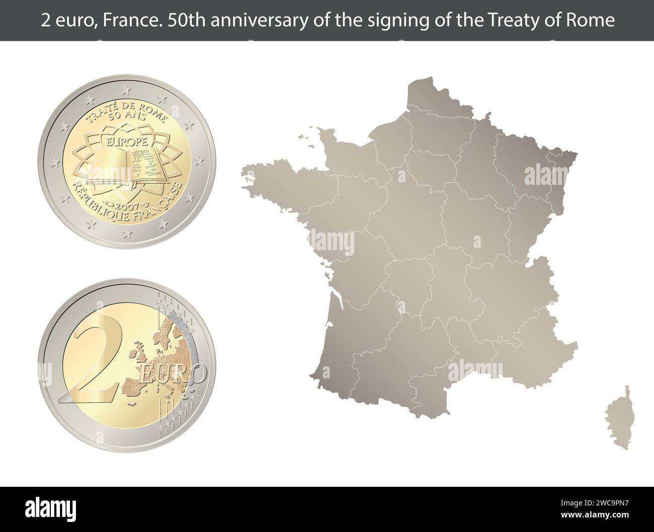 Frankreich. 2-Euro-Münze. 50. Jahrestag der Unterzeichnung der Römischen Verträge. Stock Vektor