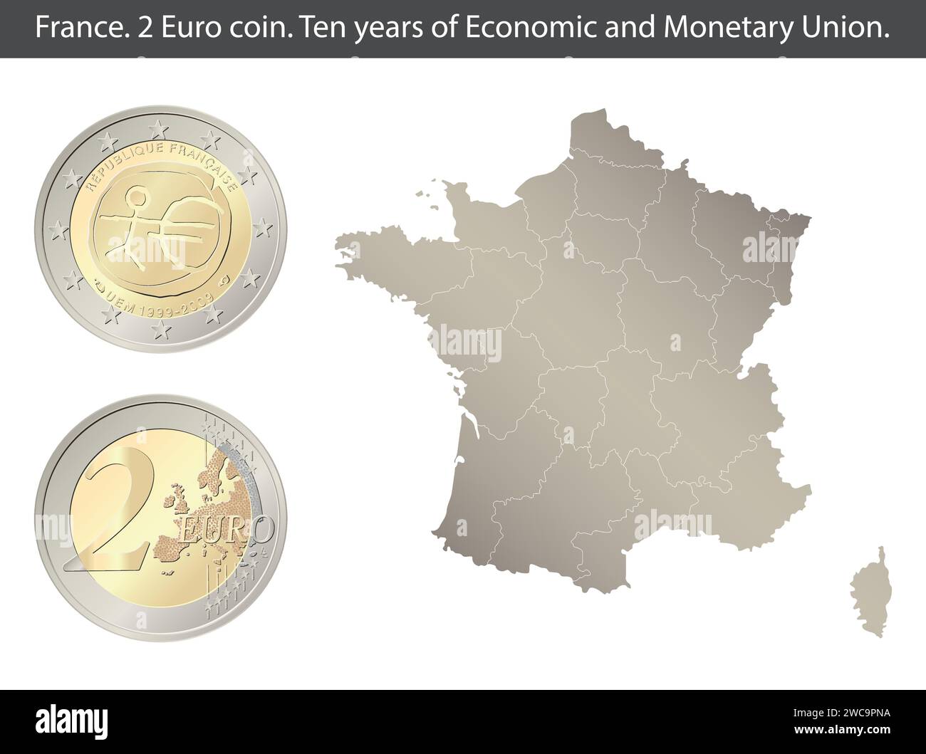 Frankreich. 2-Euro-Münze. Zehn Jahre Wirtschafts- und Währungsunion. Rückseite und Vorderseite der französischen zwei-Euro-Münze. Stock Vektor