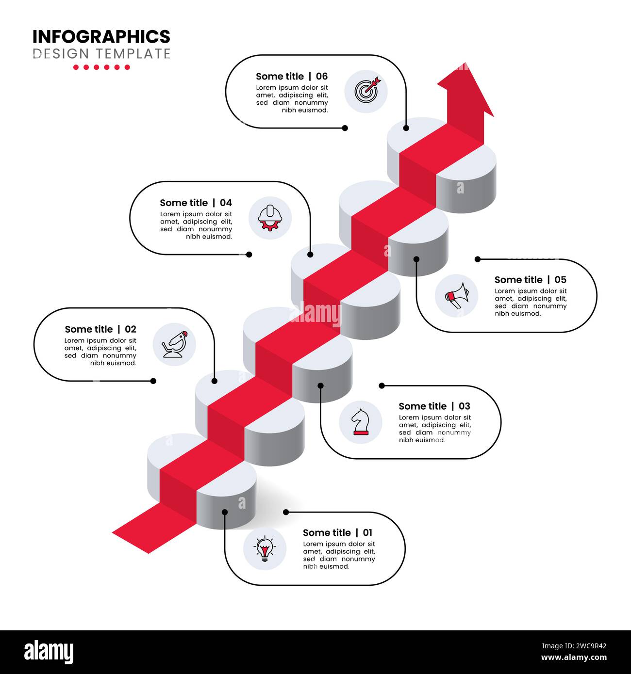 Infografik-Vorlage mit 6 Optionen oder Schritten. Isometrische Treppe und roter Teppich. Kann für Workflow-Layout, Diagramm und Webdesign verwendet werden. Vektorillustra Stock Vektor