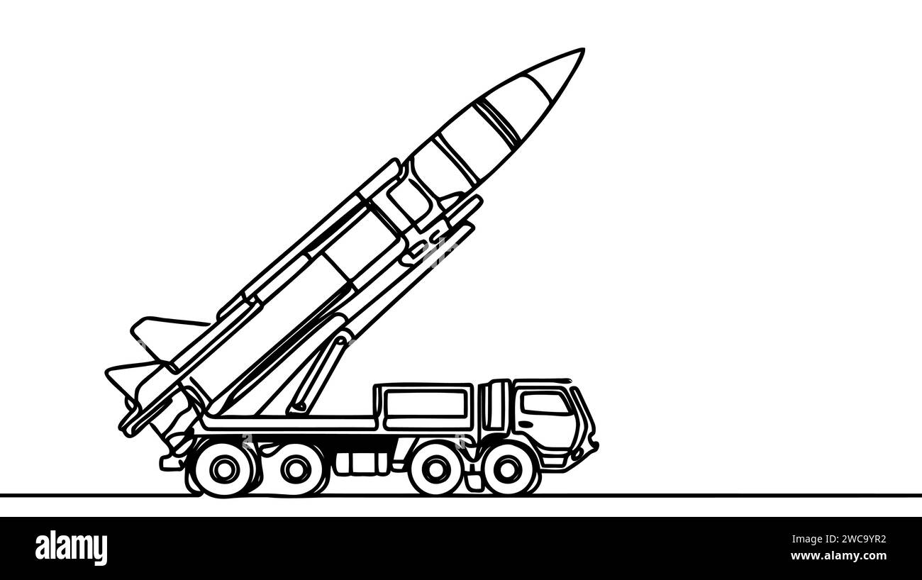 Mobiles Raketensystem, Raketenfahrzeug. Ballistische Raketenwerfer. Eine Zeilenzeichnung für verschiedene Verwendungszwecke. Vektorabbildung. Stock Vektor