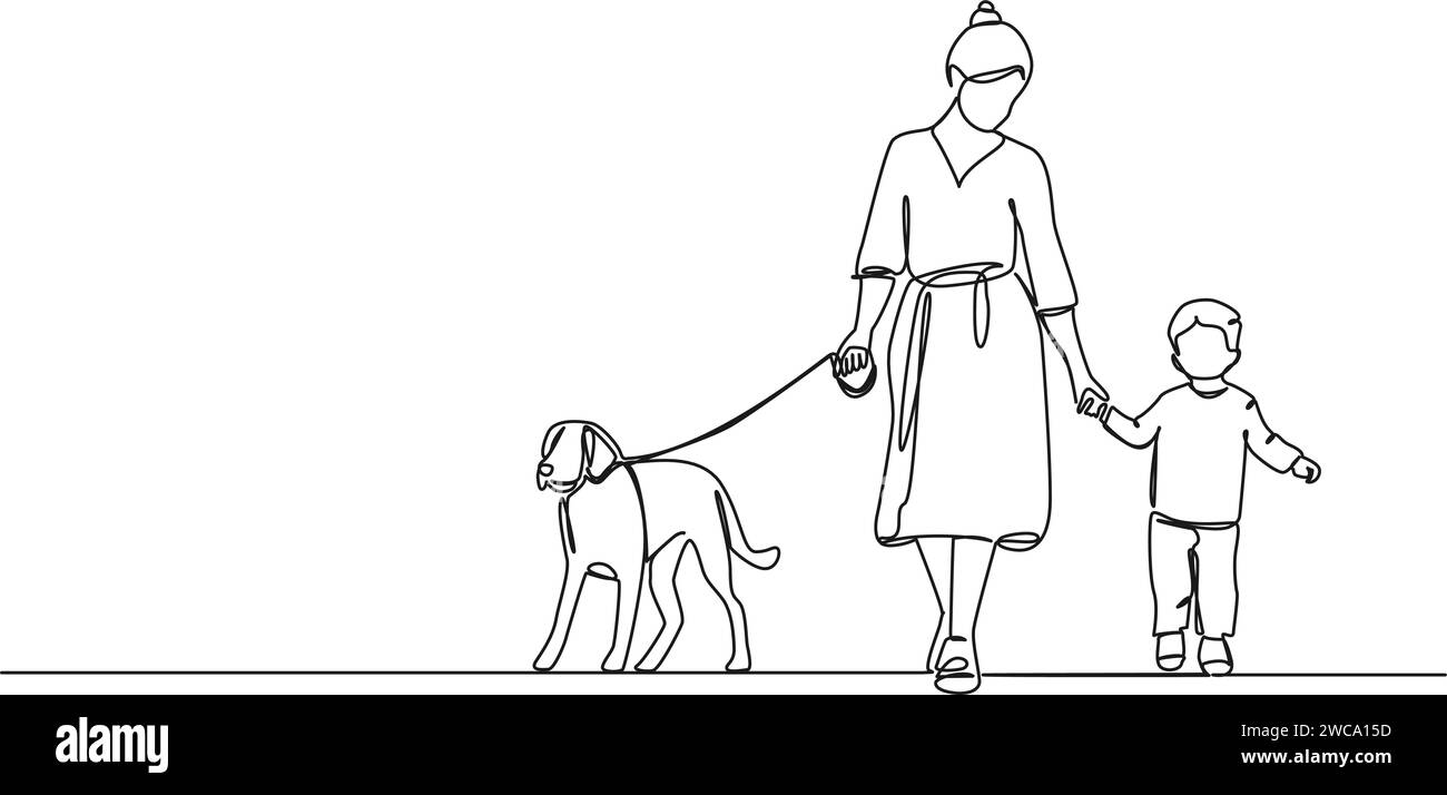 Ununterbrochene einzeilige Zeichnung der Frau, die einen Spaziergang mit Hund und Kleinkind macht, Linie Kunst Vektor Illustration Stock Vektor