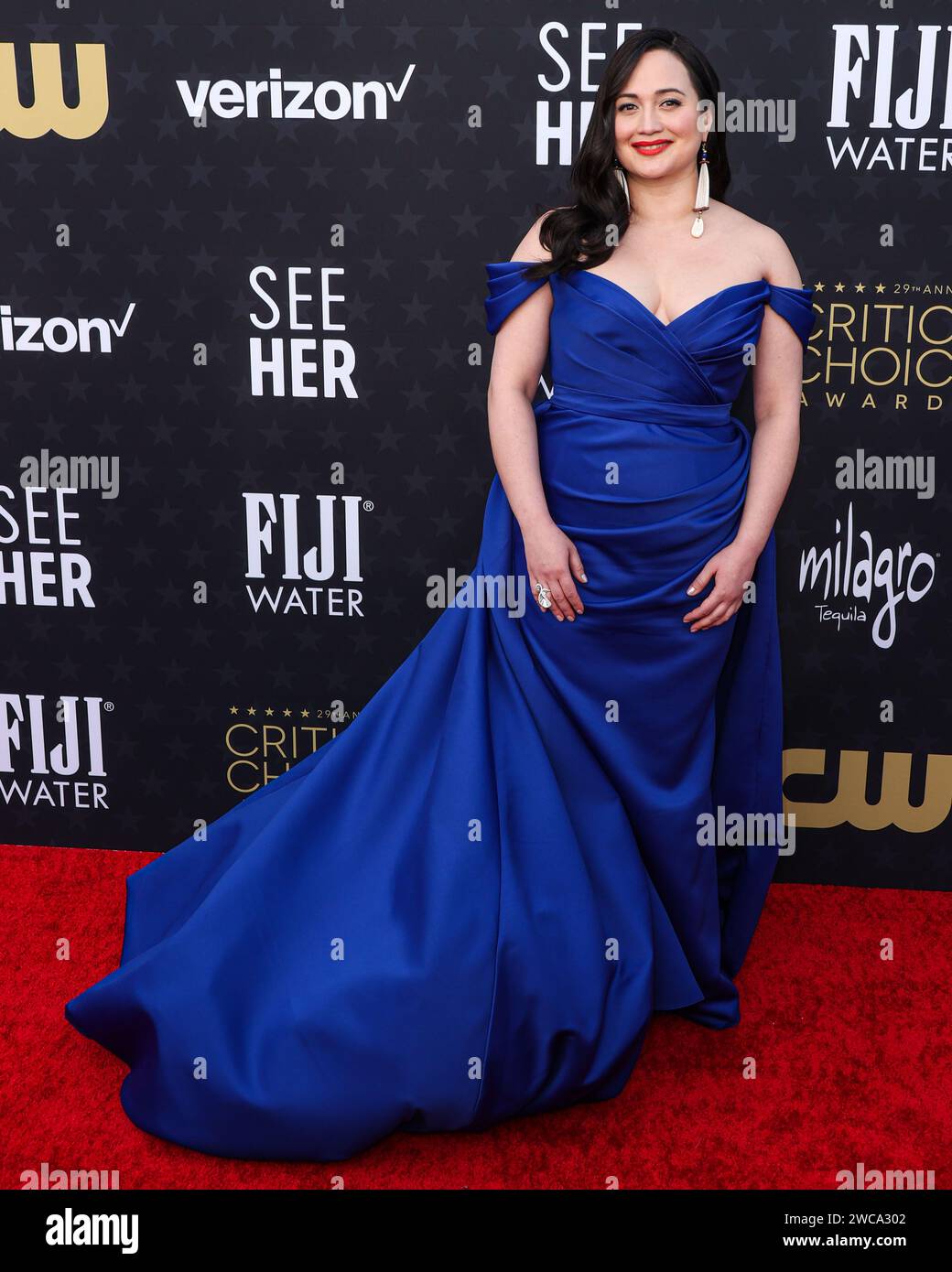 SANTA MONICA, LOS ANGELES, KALIFORNIEN, USA – 14. JANUAR: Lily Gladstone trägt Christian Siriano und kommt bei den 29. Jährlichen Critics' Choice Awards, die am 14. Januar 2024 im Barker Hangar in Santa Monica, Los Angeles, Kalifornien, USA stattfinden. (Foto: Xavier Collin/Image Press Agency) Stockfoto