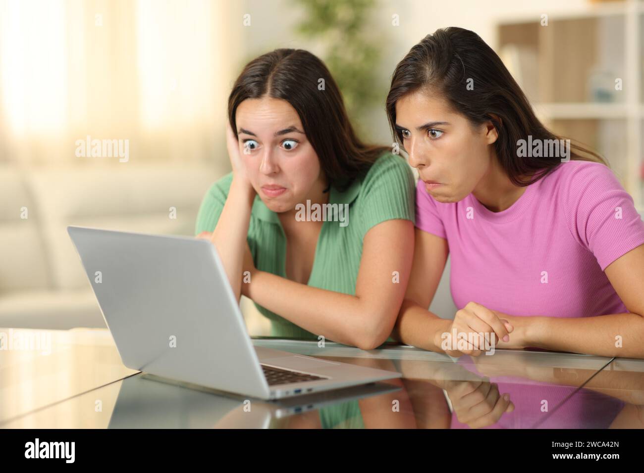 Verwirrte Freunde, die zu Hause gemeinsam Laptop-Inhalte prüfen Stockfoto