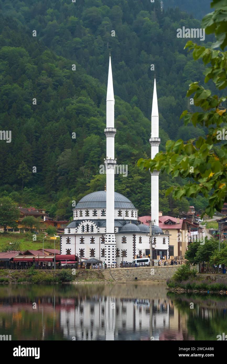 Wunderschöne Moschee am Uzungol-See, Türkei. Vertikales Foto Stockfoto