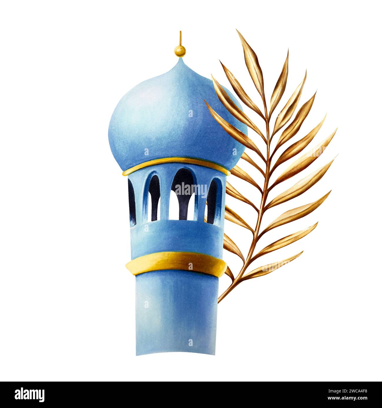 Aquarell islamische Minarettillustration isoliert auf weißem Hintergrund. Muslimische handgezeichnete Feiertage Ramadan Kareem oder Eid Al Adha 2024. Für Designer, Pri Stockfoto