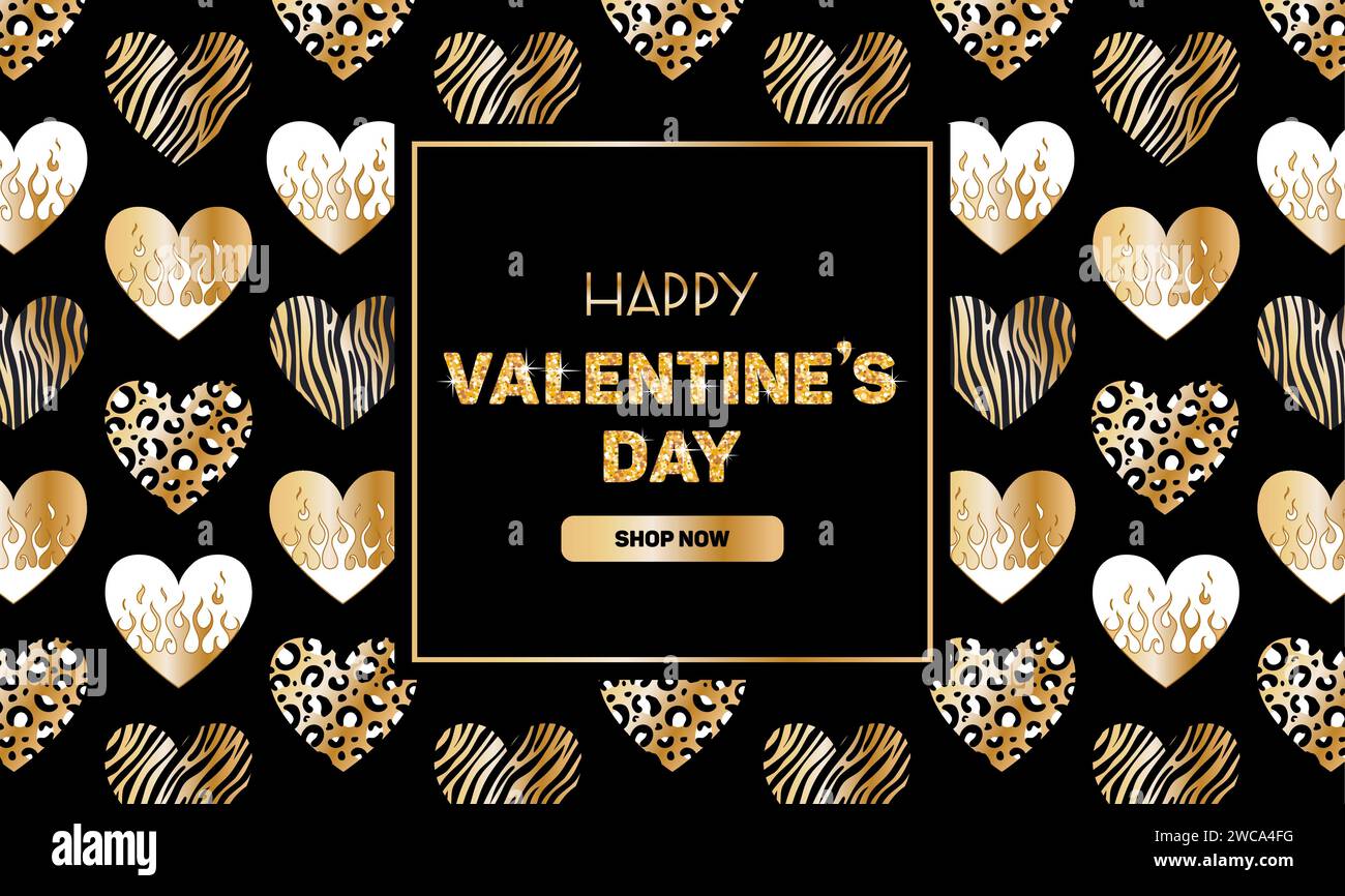 Horizontales luxuriöses Banner zum Valentinstag. Holografischer Y2K-Aufkleber aus Metallic, Gold Shining Gradient Heart on Fire, animalisches Muster. Zebra, Leopar Stock Vektor