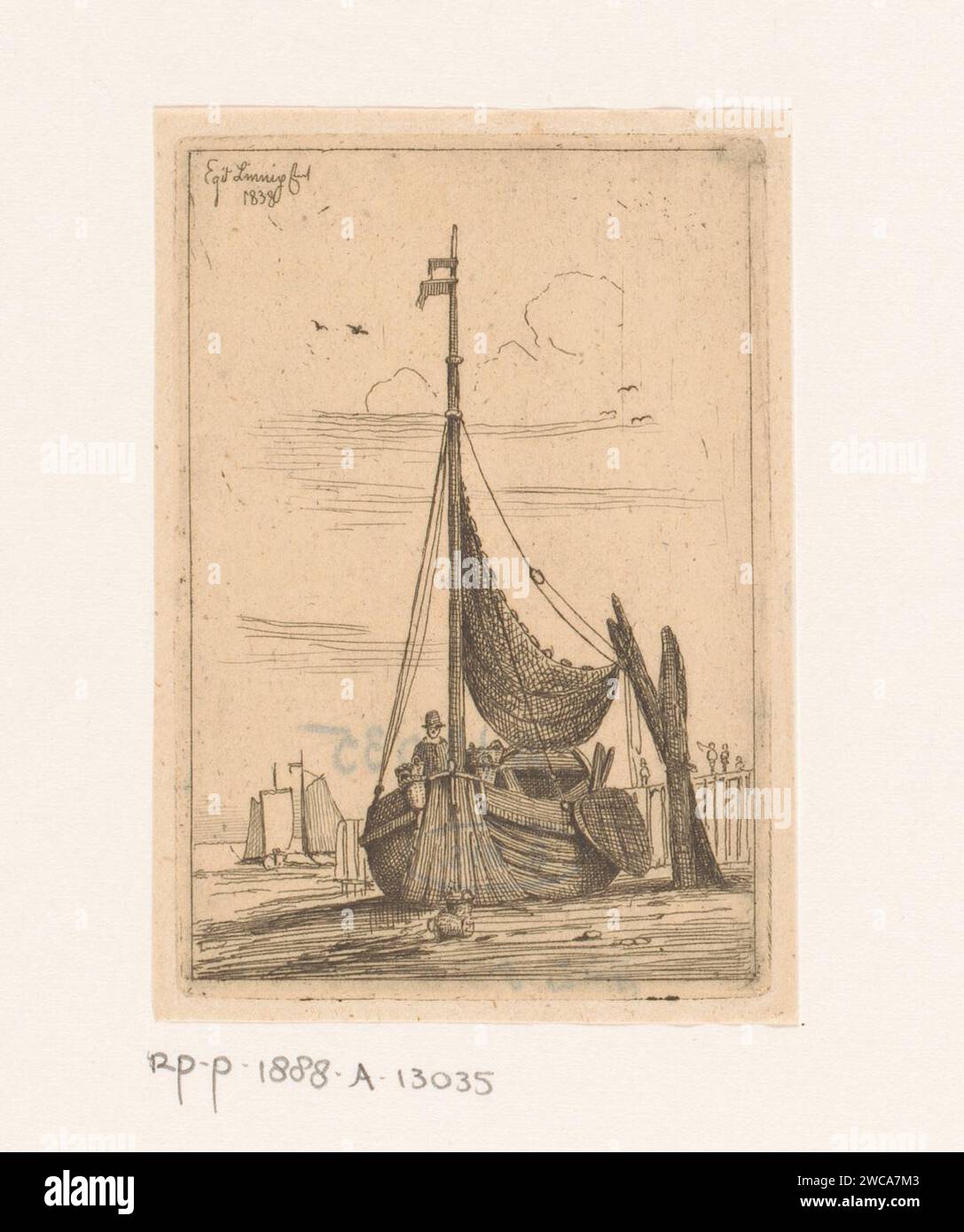 Fischerboot an Land, um die Netze zu trocknen, Egidius Linnig, 1838 Druckpapier ätzend Fischernetz. Segelschiff, Segelboot Stockfoto