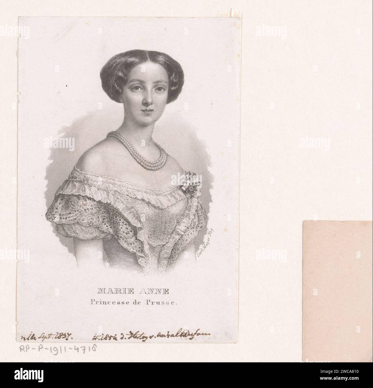 Porträt von Maria Anna van Pruisen, geborene Prinzessin von Anhalt -Dessau, Carl Mayer, 1837 - 1868 Druck Nürnberger Papier-Stahlstich historische Personen Stockfoto