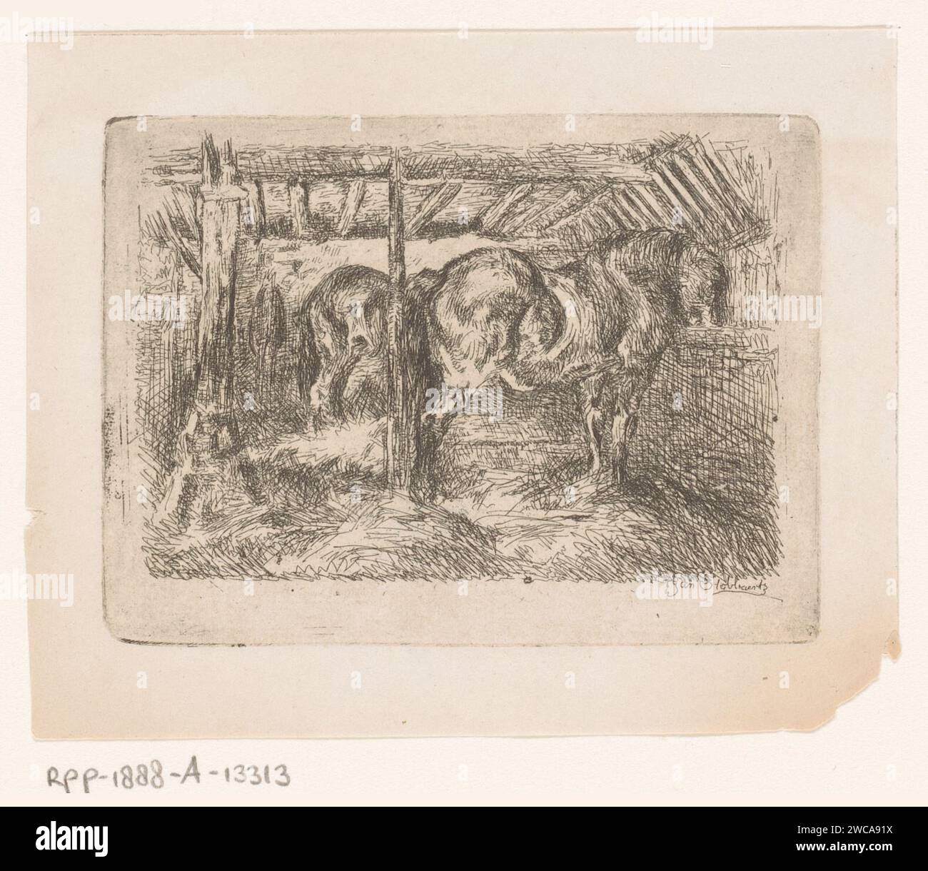 Zwei Pferde in einem Stall, Jan Stobbaerts, 1848 - 1879 Druckpapier, das Pferd ätzt. Standfestigkeit Stockfoto