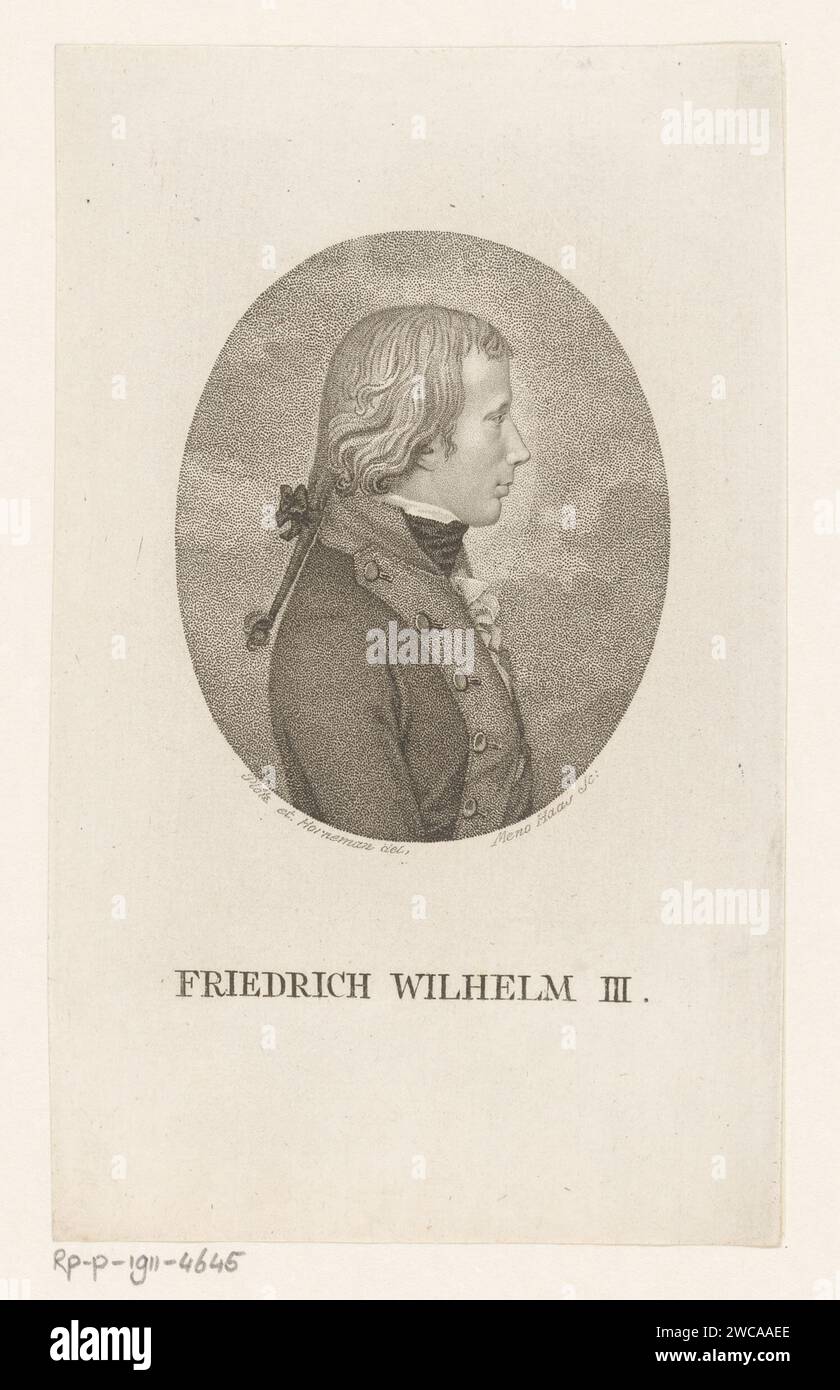 Portret van Friedrich Wilhelm III., Meno Haas, nach Henrik Ploetz, nach Christian Hornemann, 1780 - 1833 Druckpapier historische Personen. Herrscher, souverän Stockfoto