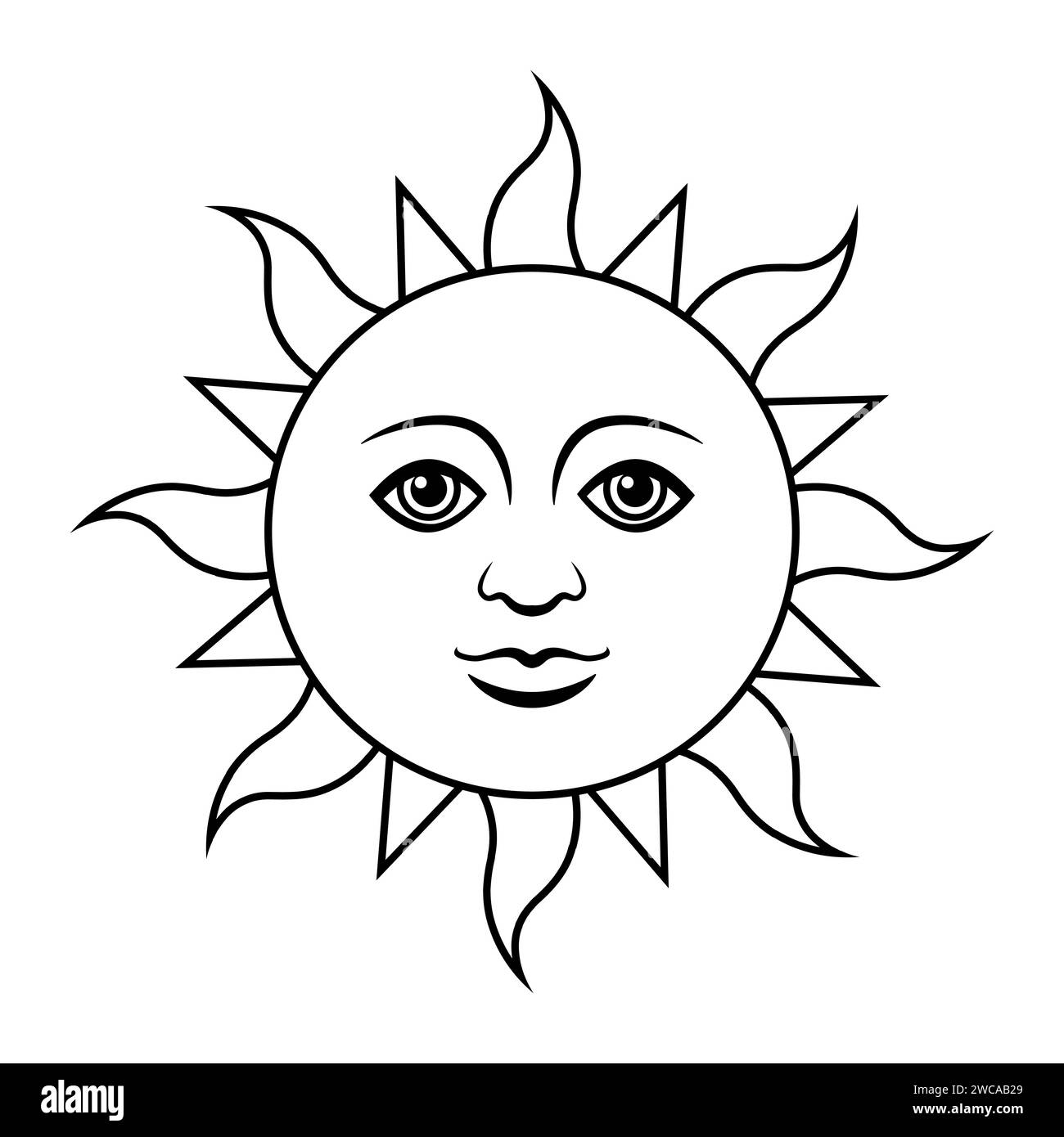 Sonne mit Gesicht, schwarz-weiße Vektorillustration isoliert auf weiß Stock Vektor