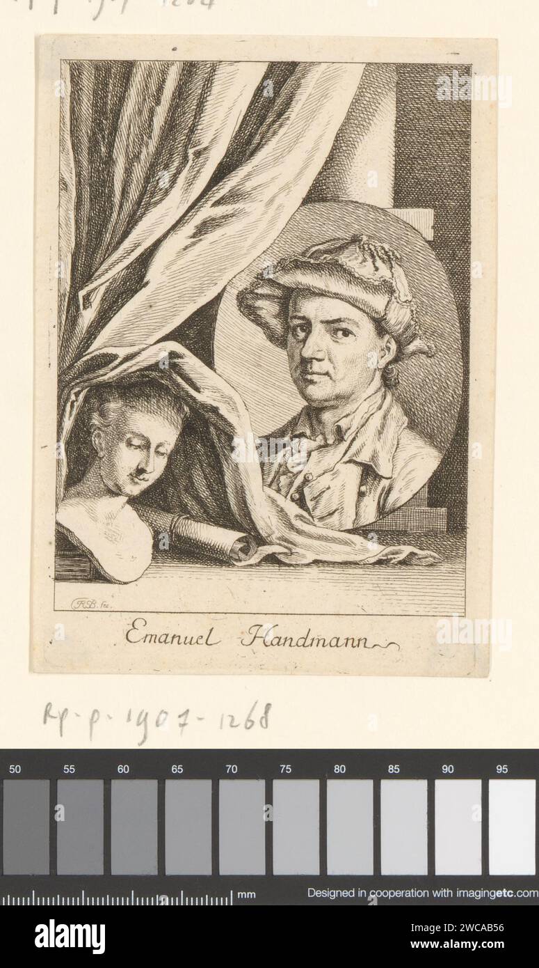 Portret van Emanuel Handmann, Johann Rudolph Schellenberg, 1750 - 1806 Druckpapier, das historische Personen graviert. Scrollen. Skulptur, Reproduktion einer Skulptur Stockfoto