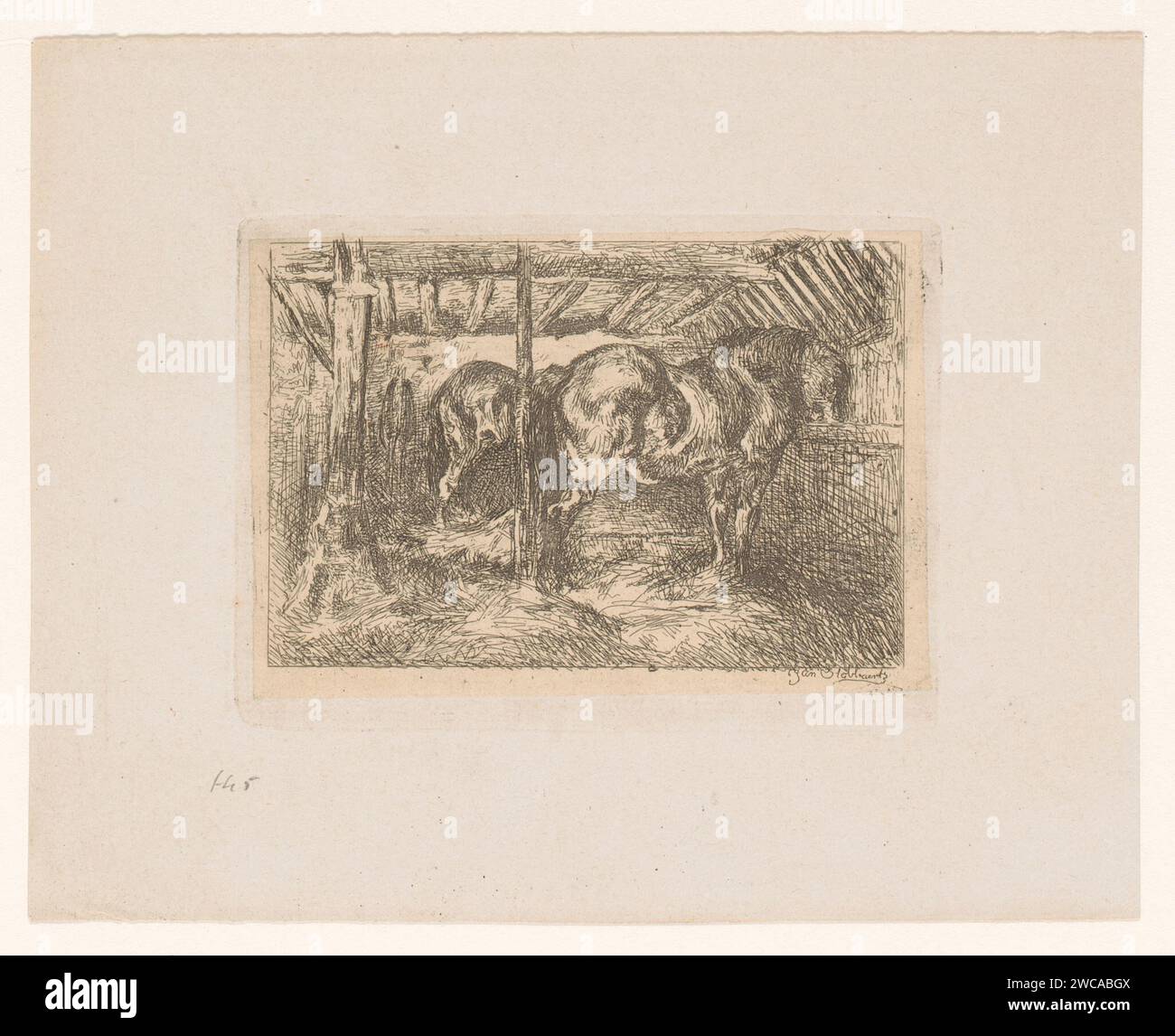 Zwei Pferde in einem Stall, Jan Stobbaerts, 1848 - 1879 Druckpapier. Ätzpferd. Standfestigkeit Stockfoto