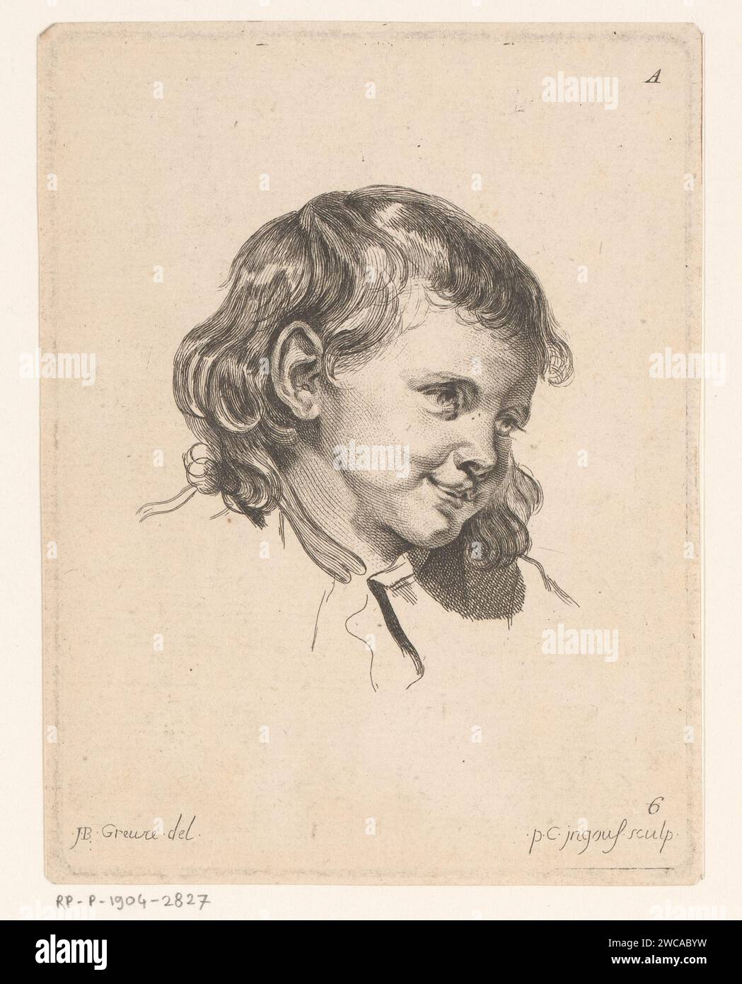 Kopf eines Kindes, nach rechts gedreht, Pierre Charles Ingouf, nach Jean-Baptiste Greuze, ca. 1766 Druck Frankreich Papier Radieren / Gravieren Kind Stockfoto