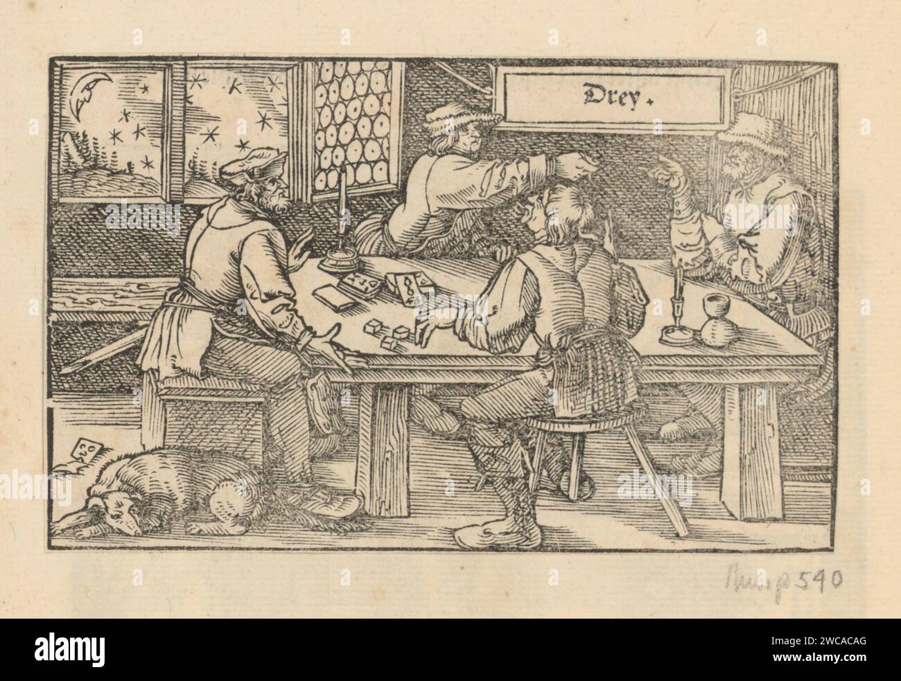 Ticking men, Anonym, Hans Weiditz (II), 1514 - 1531 Druckszene aus einem Stück. Drucken ist Teil eines Albums. Papier-Buchdruck-Mond als Himmelskörper. Spielkarten (+ Streit, Meinungsverschiedenheiten (bei Sport, Spielen usw.)). Abends. Abends Stockfoto