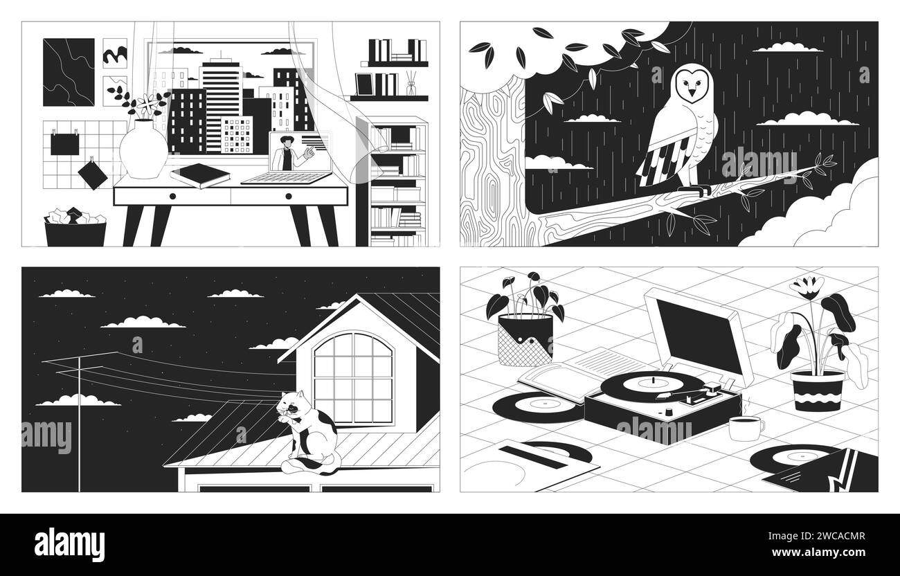 Entspannendes, stimmungsvolles schwarz-weißes Lofi-Tapetenset Stock Vektor