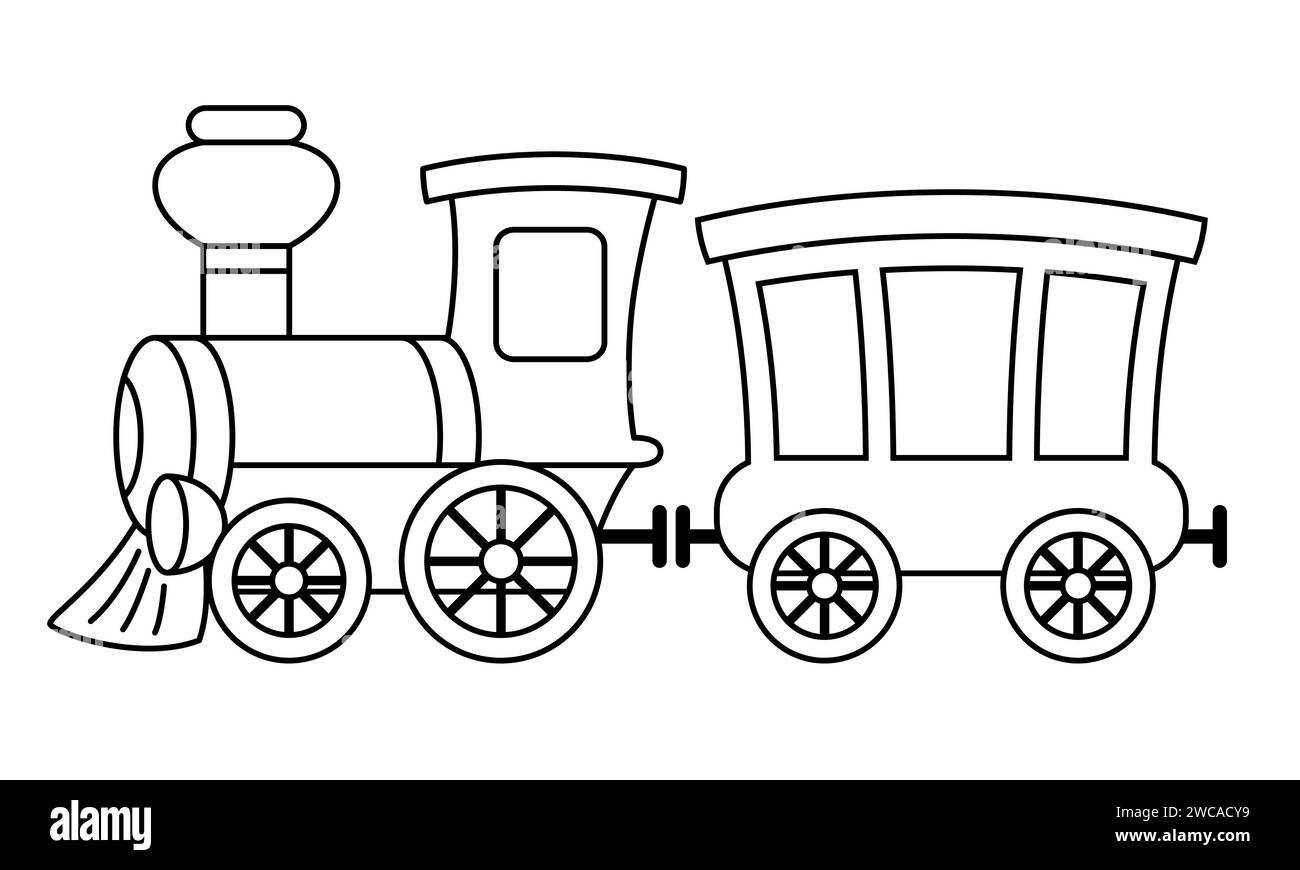 Dampfeisenbahn - schwarz-weiße Karikaturvektor-Illustration der Dampflokomotive und des Personenbahnwagens Stock Vektor