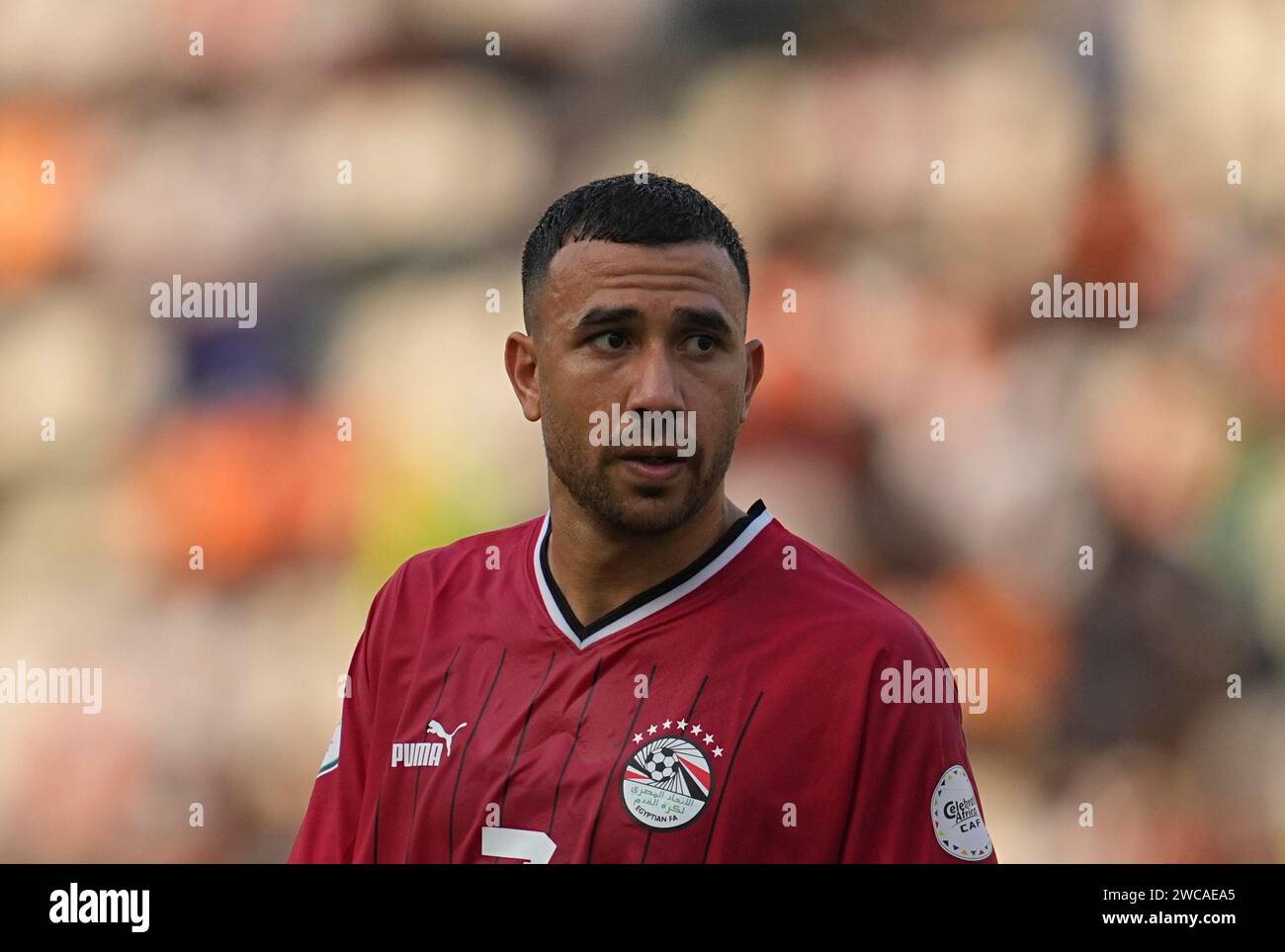 14. Januar 2024: Mahmoud Ahmed Ibrahim Hassan (Ägypten) sieht bei einem Spiel der Gruppe B des Afrikanischen Nationalcups Ägypten gegen Mosambik im Stade Felix Houphouet-Boigny, Abidjan, Elfenbeinküste an. Kim Preis/CSM Stockfoto