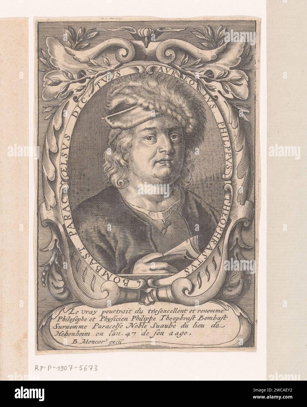 Porträt von Philippus Aureolus Theophrastus Bombastus von Hohenheim oder Paracelsus im Alter von 47 Jahren, Anonym, Balthazar Moncornet, 1610–1668 Druck Paris Papierstich historischer Personen. Theologe. Arzt, Arzt Stockfoto