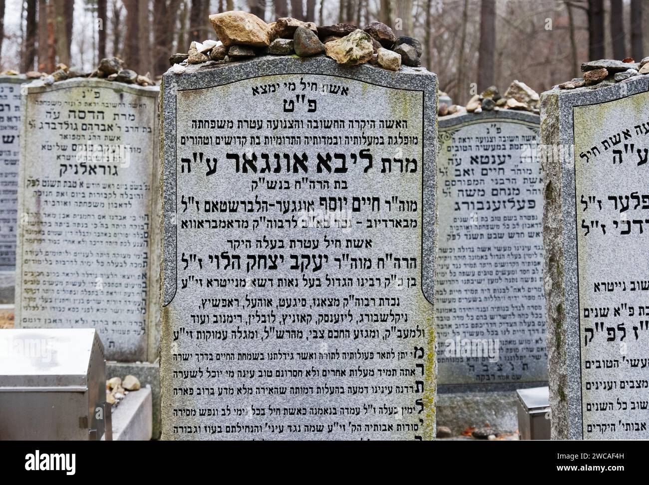 Ein Grabstein auf dem Kiryas Nitra Friedhof in Westchester New York. Wie es üblich ist, haben die Besucher Steine als respektvolles Denkmal darauf gesetzt. Stockfoto