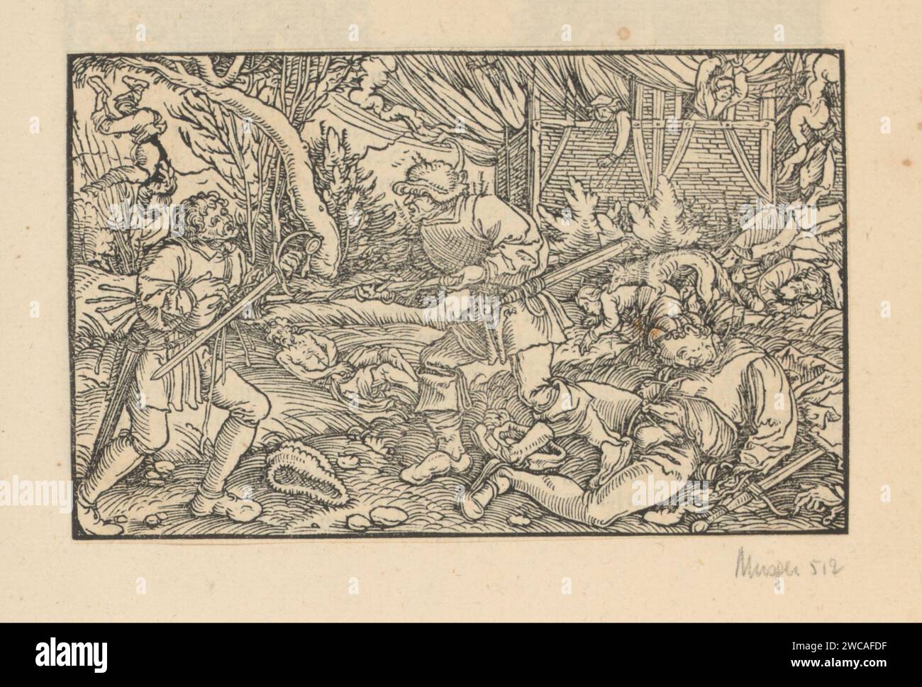 Ways of Dying an Unnatural Death, Anonym, Hans Weiditz (II), 1514 - 1531 Print Print ist Teil eines Albums. Papier Buchdruck stirbt. Todeskampf, unstiller Tod; Todesangst. Unfalltod (gewaltfreier Tod). Mord. Gewaltsamer Hungertod. Gewalttätiger Tod  Feuer. Gewalttätiger Tod durch Lanze, Speer. Gewalttätiger Tod durch Verstümmelung oder Verstümmelung Stockfoto