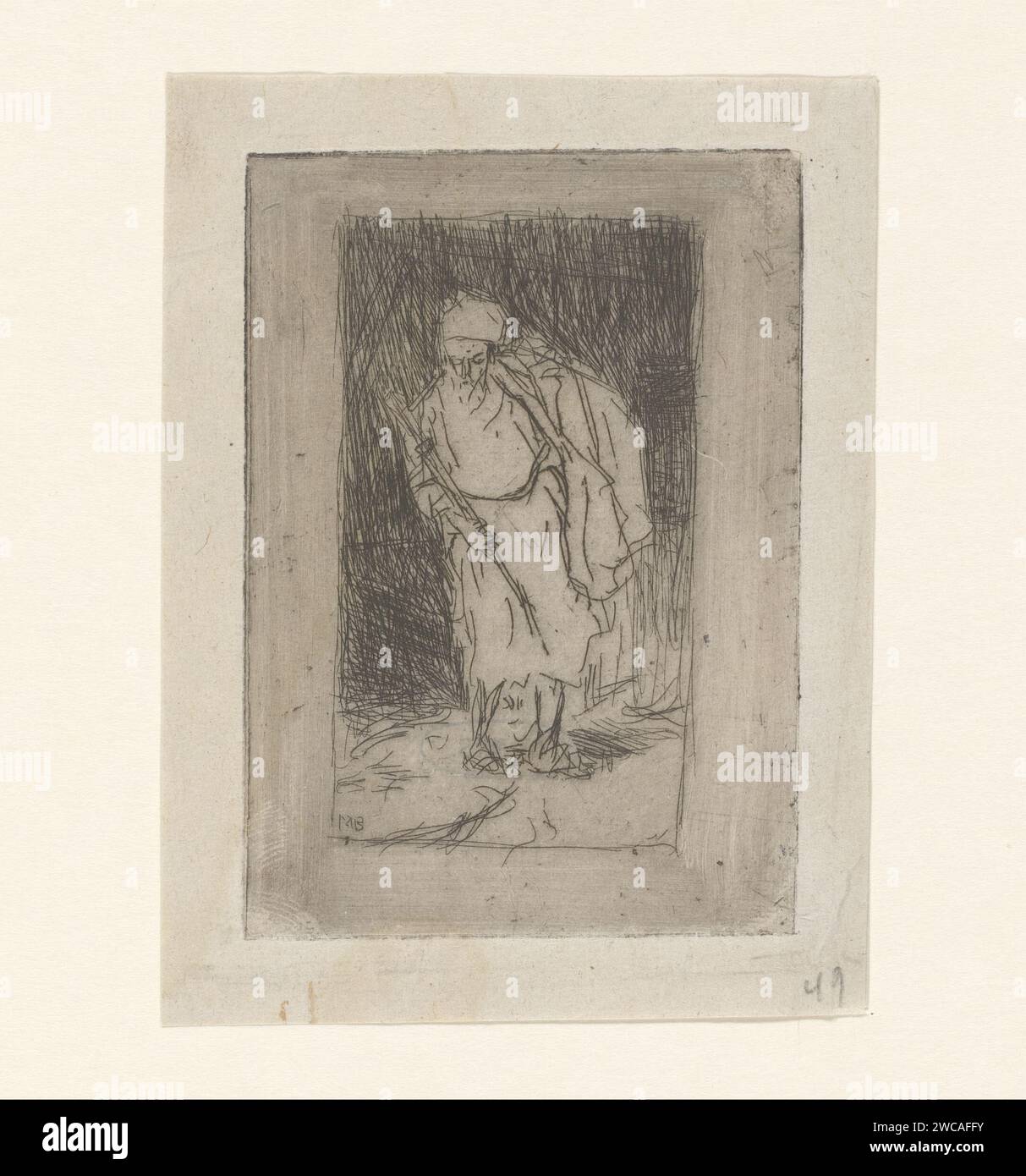 VoteDenman, Marius Bauer, 1889 Druck Ein Mann trägt eine Ladung Textilien auf dem Rücken. Papier ätzt Textilgewebe, Tuch. Händler, Verkäufer Stockfoto