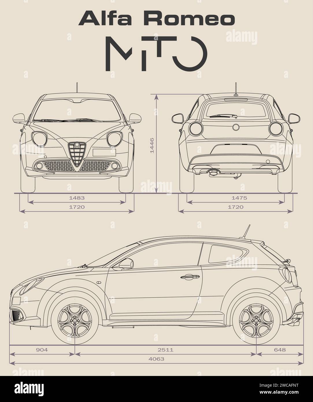 Alfa Romeo MiTo-Auto-Blueprint Stock Vektor
