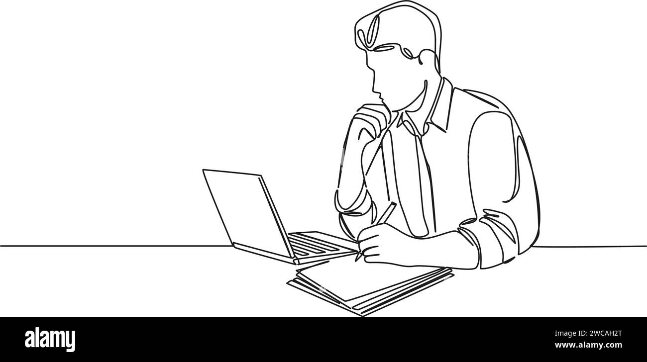 Ununterbrochene einzeilige Zeichnung des Mannes, der Notizen auf Papier weiß mit Laptop Computer macht, Linie Art Vektor Illustration Stock Vektor