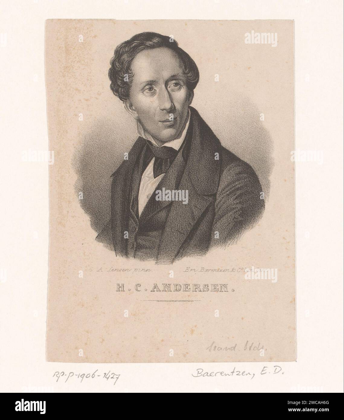 Portret van Hans Christian Andersen, Emilius Ditlev Baerentzen, nach Christian Albrecht Jensen, in oder nach 1836 - in oder vor 1868 Druck Kopenhagen (Stadt) Papier historische Personen Stockfoto