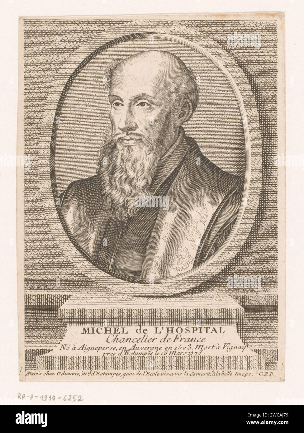 Portret van Michel de l'Hospital, Monogrammist TJ, nach Monogrammist FN (Erfinder), 1697 - 1756 Druckverlag: ParisFrance Papierstich historische Personen. Anwalt, Rechtsanwalt Stockfoto