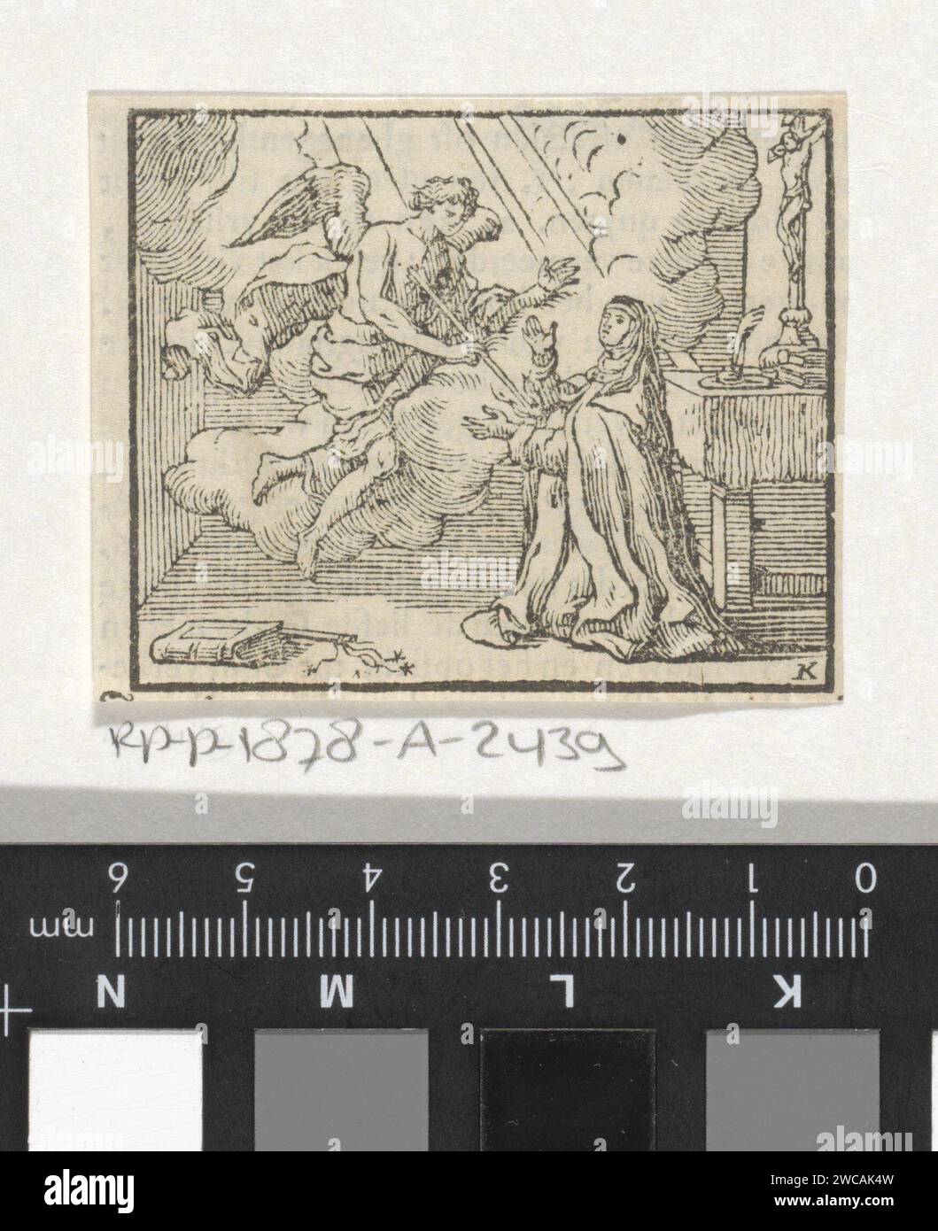 Annunciatie, Jan Lauwryn Cracks (i), 1704–1785 Druck der Engel Gabriel kündigt Maria an, dass sie schwanger wird. Südholländische Buchdruckerei mit der Verkündigung: Maria, die normalerweise liest, wird vom Engel besucht (manchmal hört eine Frau das Gespräch) Stockfoto