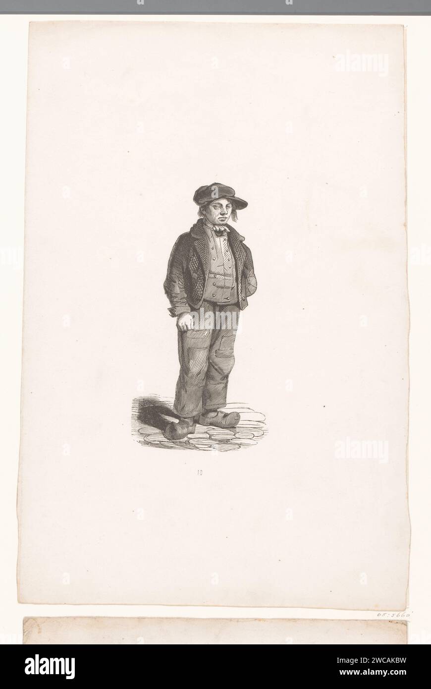 Streetboy, Henry Brown, 1841 Druck Standing Boy auf Clogs. Nummeriert in der Mitte: 10. Die Haager Papierkleidung, regionale Tracht. Holzschuhe, Clogs. Professionelle Kleidung. Die Armen Stockfoto
