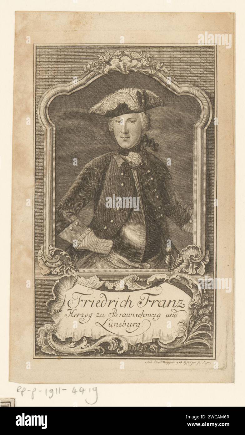 Porträt von Frederik Frans, Herzog von Brunswijk -Luneburg, Johanna Dorothea Sysang, 1739 - 1791 Druck Leipziger Papierstich historischer Personen. Rüstung Stockfoto