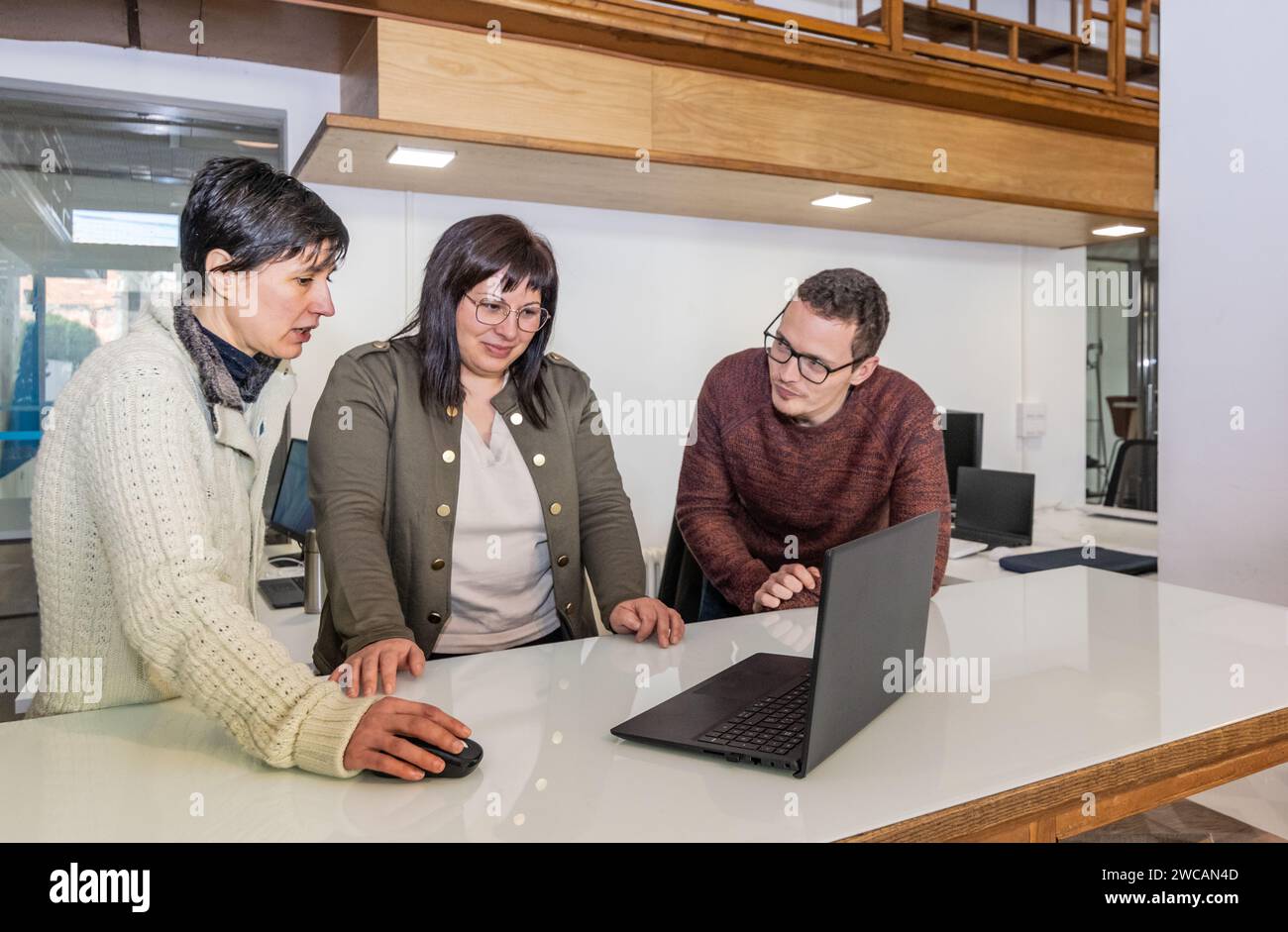 Drei Kollegen in einem Büro, ein Mann und zwei Frauen beraten etwas auf einem Laptop, der von einer der Frauen mit der Maus gesteuert wird Stockfoto