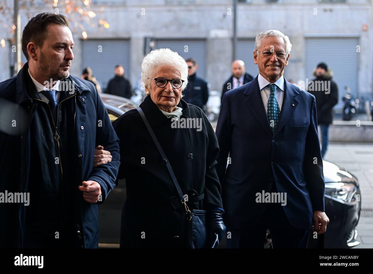 Mailand, Italien - 15. Januar 2024: Liliana Segre, Senatorin und Holocaust-Überlebende, und Roberto Jarach kommen am Binario 21, Shoah Memorial Credit: Piero Cruciatti/Alamy Live News an Stockfoto