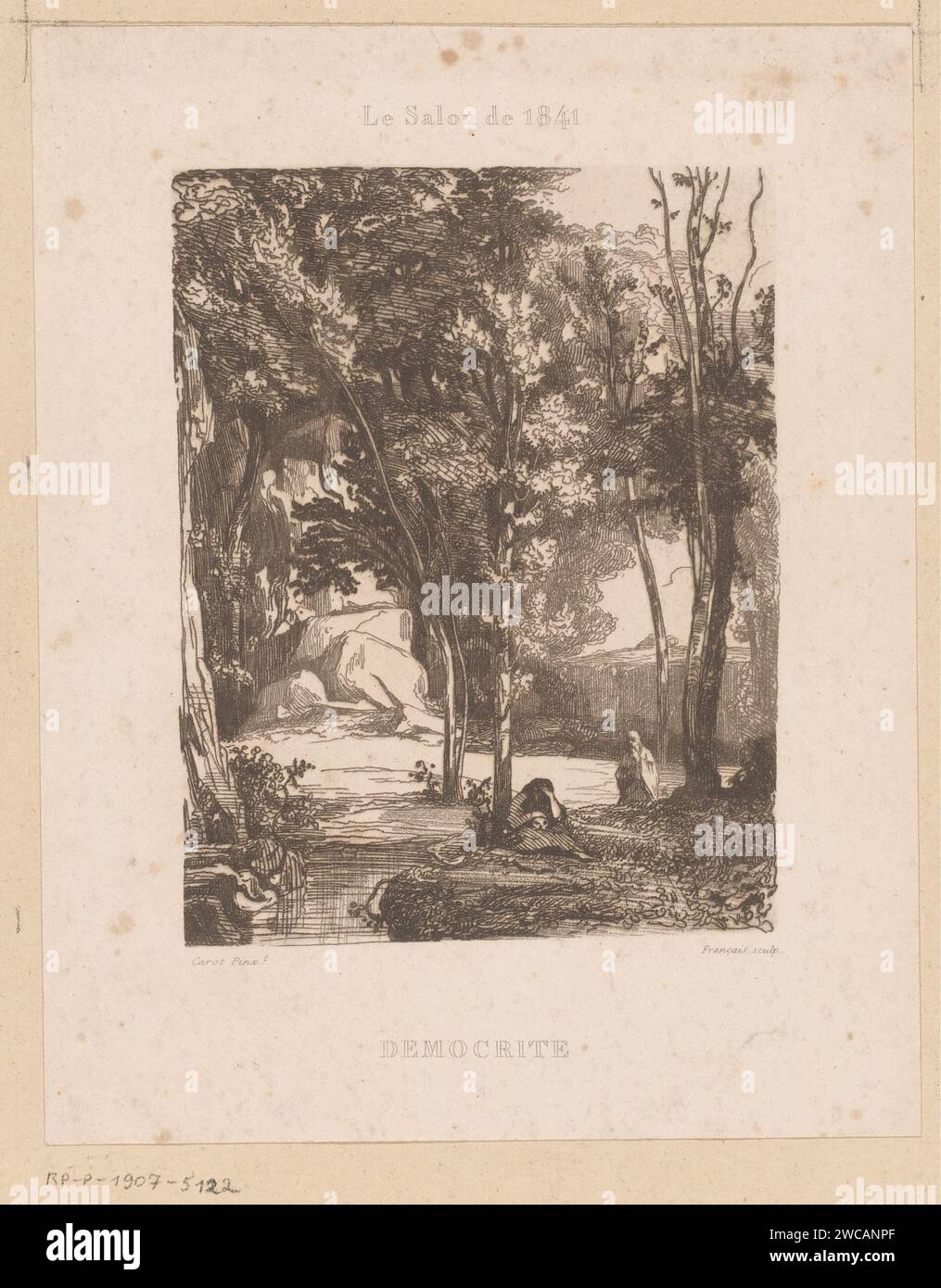 Landschaft mit Figuren auf dem Wasser, Francois-Louis Francais, nach Carot, 1843 Druck Frankreich Papier Wasserlauf Stockfoto