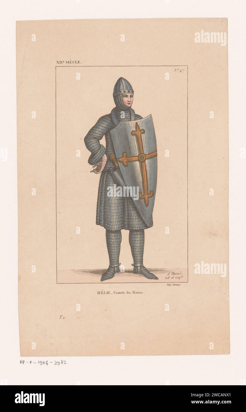 Porträt von Eli (I) van Maine, Léopold Massard, 1822 - 1889 Druck oben rechts: Nr. 47. Historische Personen des Papierätzens. ritter Stockfoto