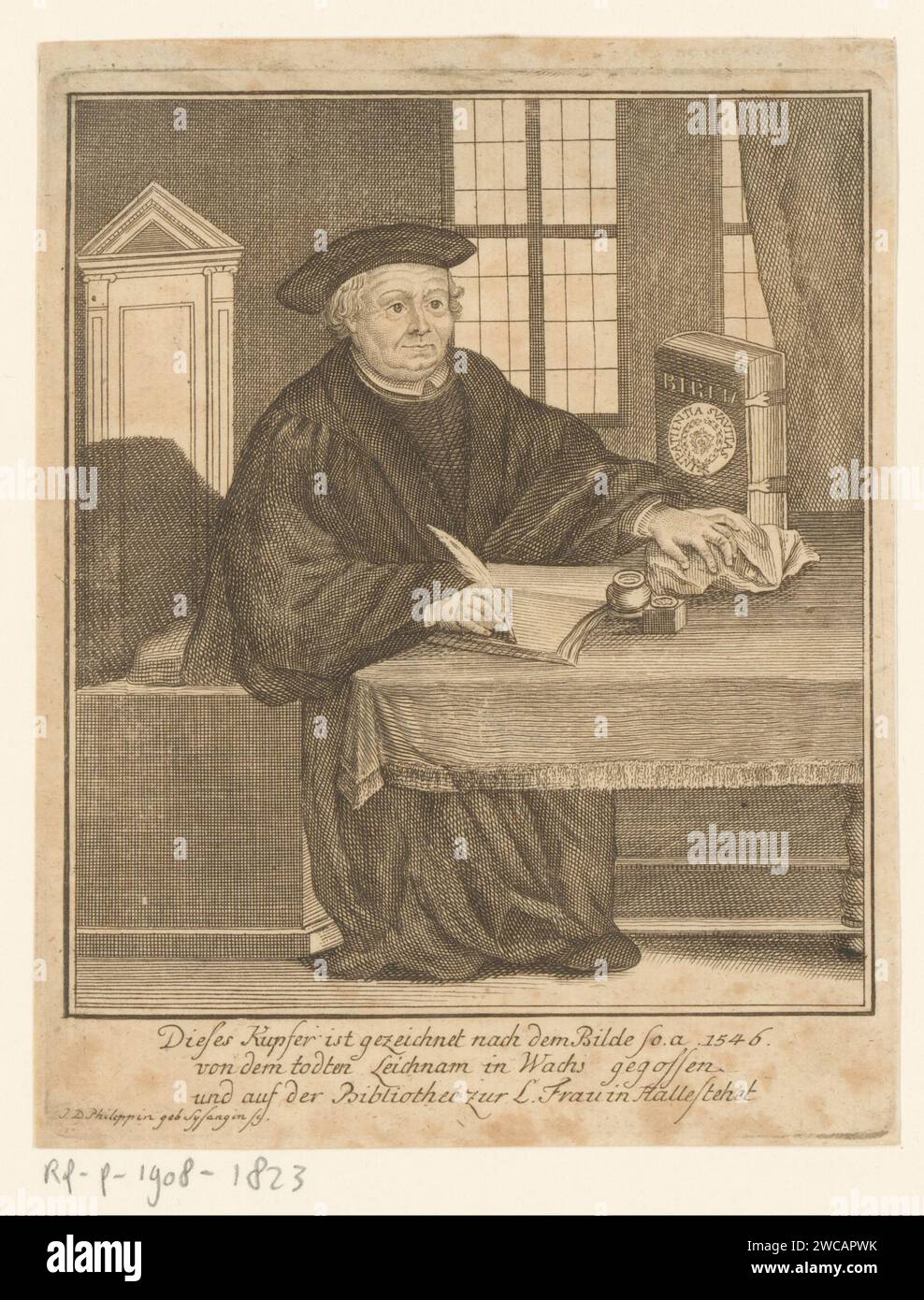 Porträt von Martin Luther, Johanna Dorothea Sysang, 1739 - 1791 Druckpapierstich historischer Personen. Sitzmöbel. Schreibzubehör. Bibel Stockfoto