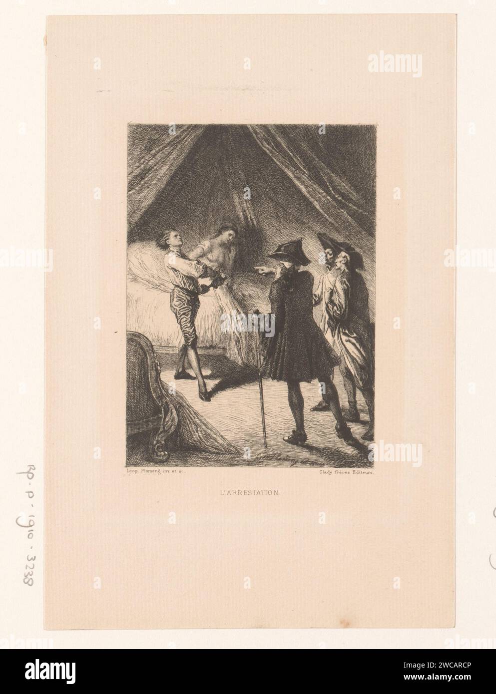 Manon Lescaut und Chevalier des Grieux im Schlafzimmer verhaftet, Léopold Flameng, 1875 Druckpapier ätzend Verhaftung (des Verbrechers). Züchtigung, Lasziviität; „Lascivia“, „Licenza“ (Ripa) Stockfoto