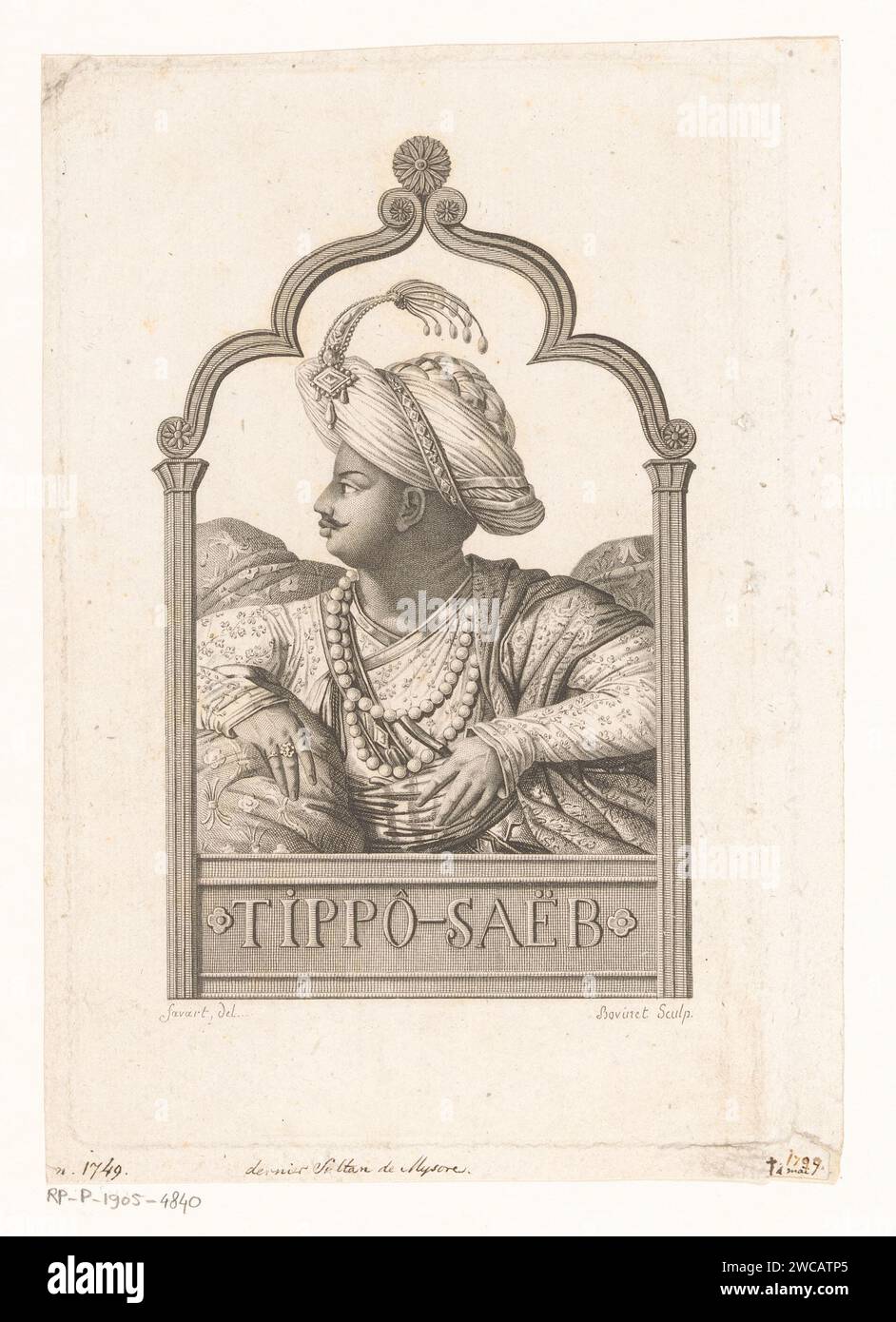Portret Van Tipu Sahib, Sultan van Mysore, Edme Bovinet, After Savart, 1777 - 1832 Druckpapier, das historische Personen graviert. Andere Souverän. Kopfschutz: Turban. Ornamente, Juwelen Stockfoto