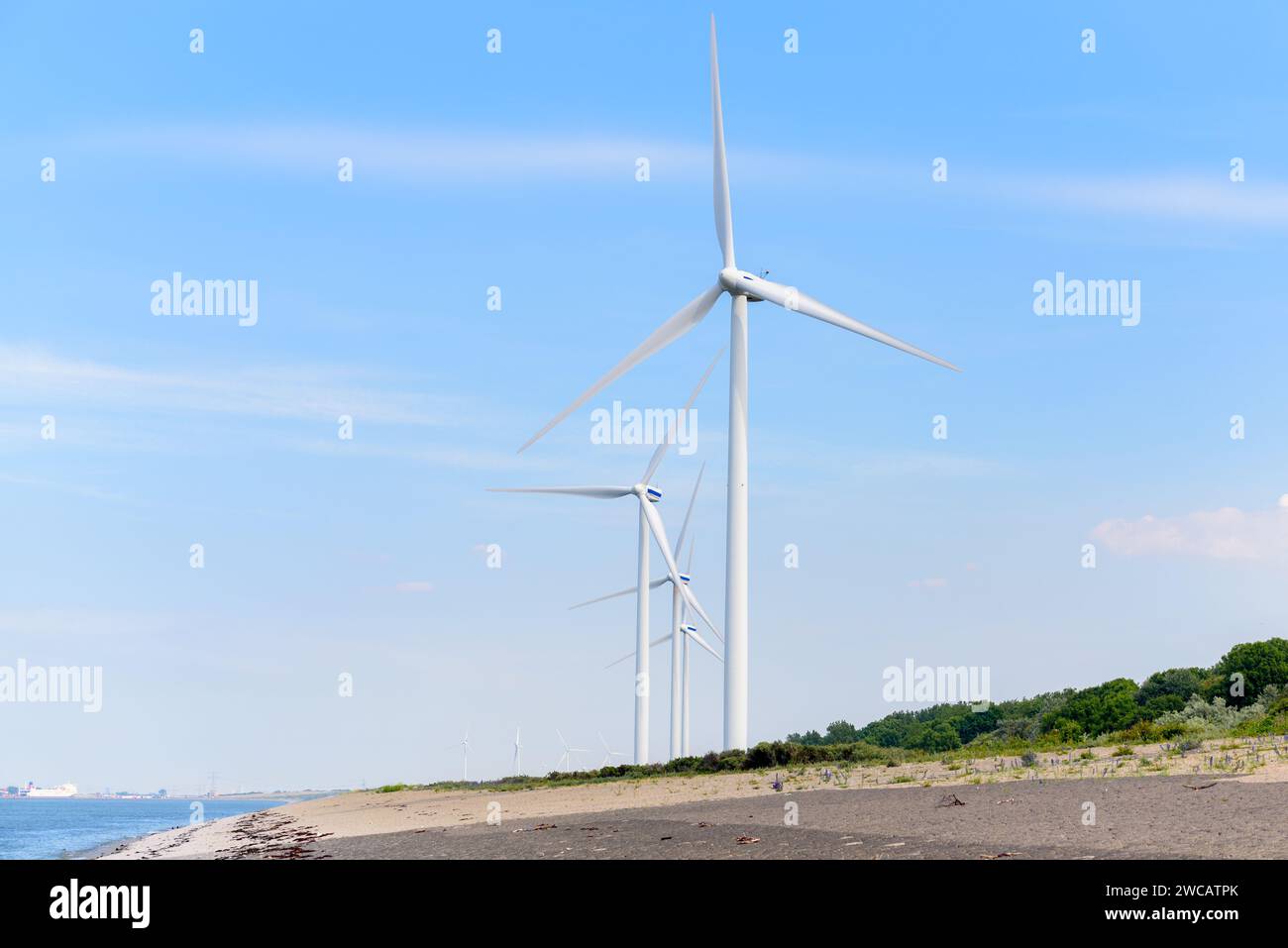 Windturbinen entlang der Küste an klaren Sommertagen Stockfoto
