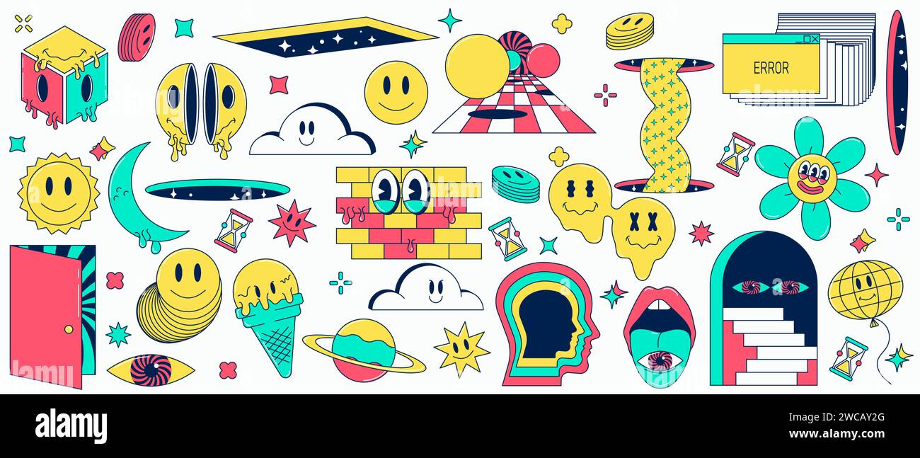 Psychedelic Retro Cartoon Stil Vektor Illustration Set. Abstrakte Halluzinationen. Surrealistische Objekte und Charaktere Vintage-Animationskunst Stock Vektor