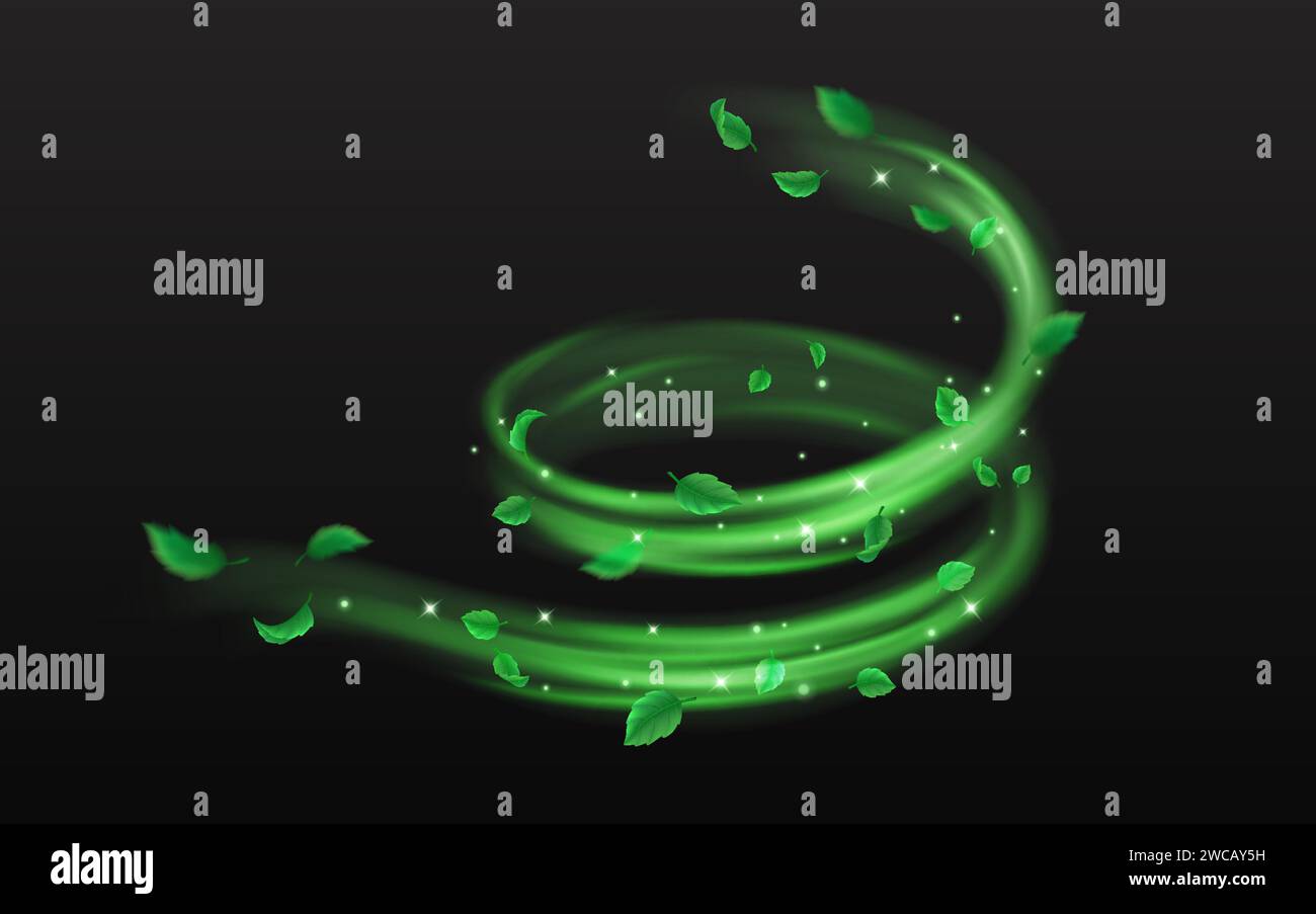 Grüne Blätter und funkelt wirbelnder Fluss des magischen Staubs realistische Vektorillustration. Mystische Naturkraft 3D-Element auf schwarzem Hintergrund Stock Vektor