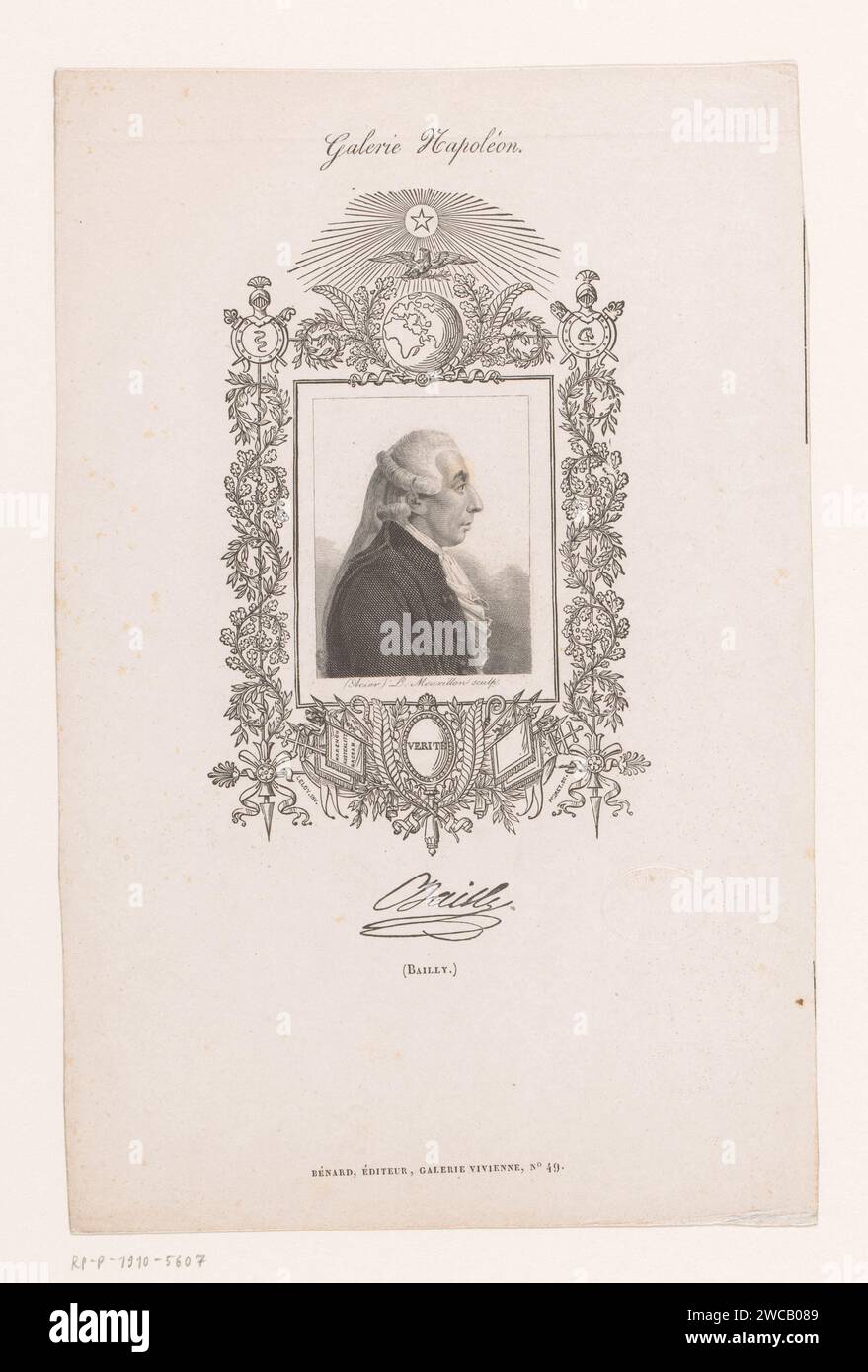 Portret van Jean Sylvain Bailly in een Versierde Cartouche, L. Meurillon, nach Jean-Charles-Francois Leloy, 1800-1899 Druck Paris Papier Stahl Gravur historische Personen. Politiker, z. B. Parteiführer. Ornament ~ Kartusche Stockfoto