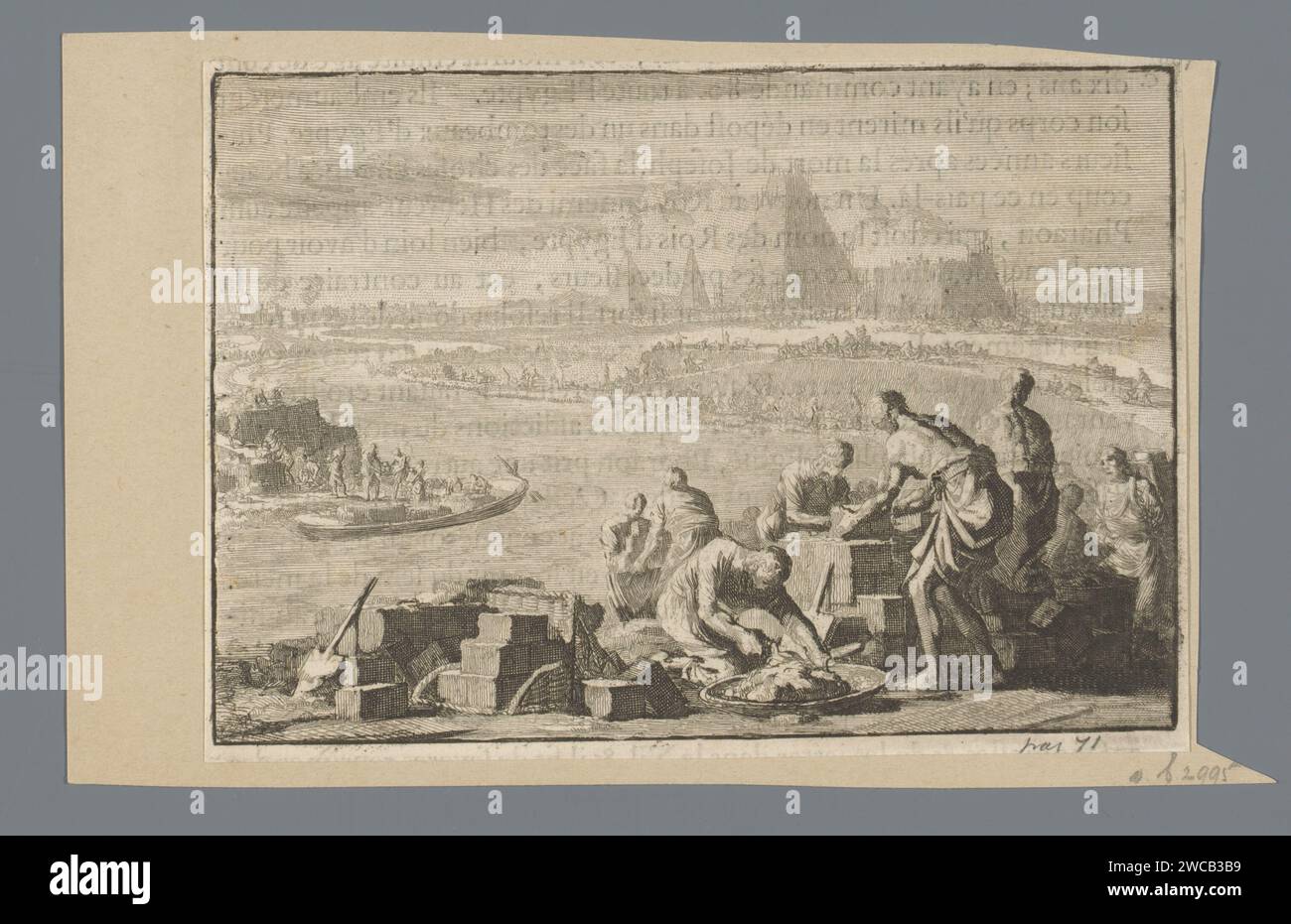 Die Israeliten machen Tichelsteine in Ägypten, Jan Luyken, 1659–1712 Druckpapierätzung Stockfoto
