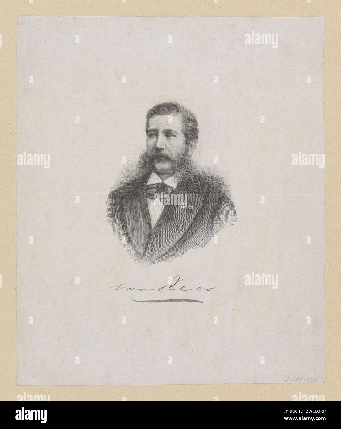 Porträt eines Mannes mit Schnurrbart und Koteletten, 1856 - 1909 Druck Porträt eines Mannes mit Schnurrbart und Koteletten. Seine Unterschrift ist am unteren Rand. Belgische Zeitung anonyme historische Person allein dargestellt. Schnurrbart. Whisker Stockfoto