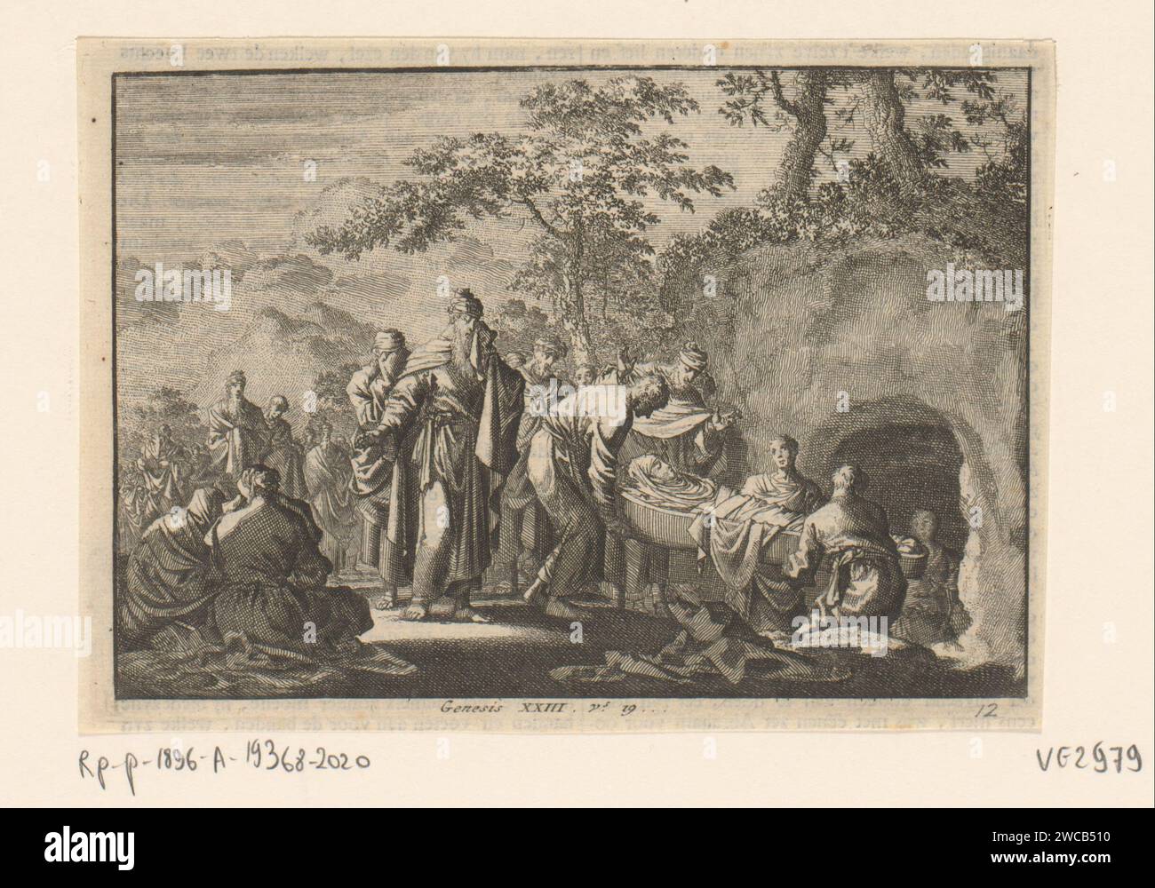 Begräbnis von Sara, Jan Luyken, 1703 – 1762 Print Maker: Haarlem Verlag: Amsterdam Papierätzung / Buchdruckdruck Sarahs Begräbnis in der Höhle von Machpelah Stockfoto