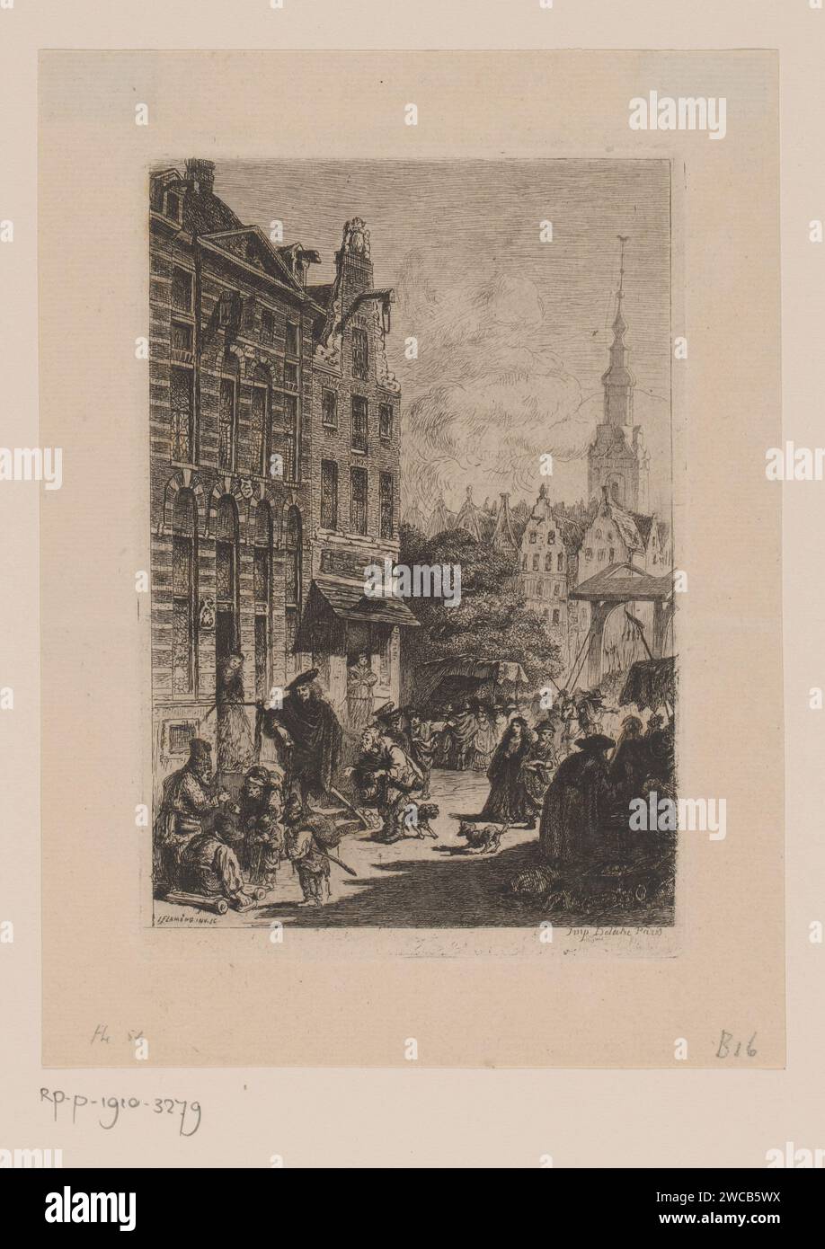 Blick auf Rembrandts Haus im Jodenbreestraat in Amsterdam, 1859 Druck Paris Papier, das das übliche Haus oder die Reihe von Häusern Jodenbreestraat graviert Stockfoto