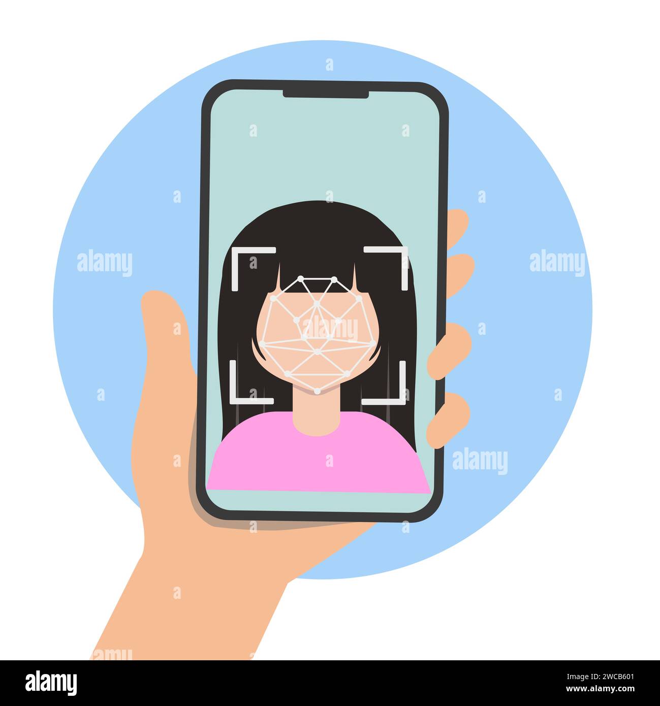 Mann oder Frau mit biometrischem Identifikationsscan Gesichtserkennung mit Mobiltelefon. Cyber Security KYC-Konzept Stock Vektor