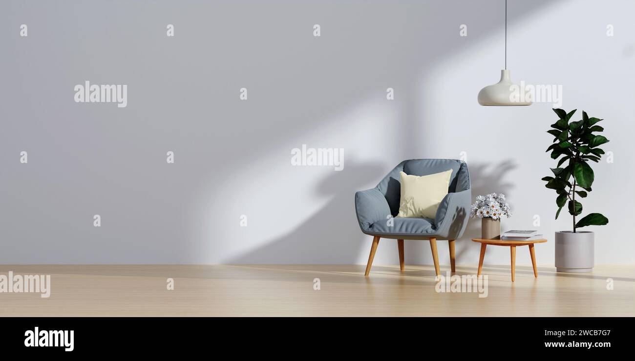 Wohnzimmer mit blauem Stoffsessel an leerer weißer Wand Hintergrund.3d-Rendering Stockfoto